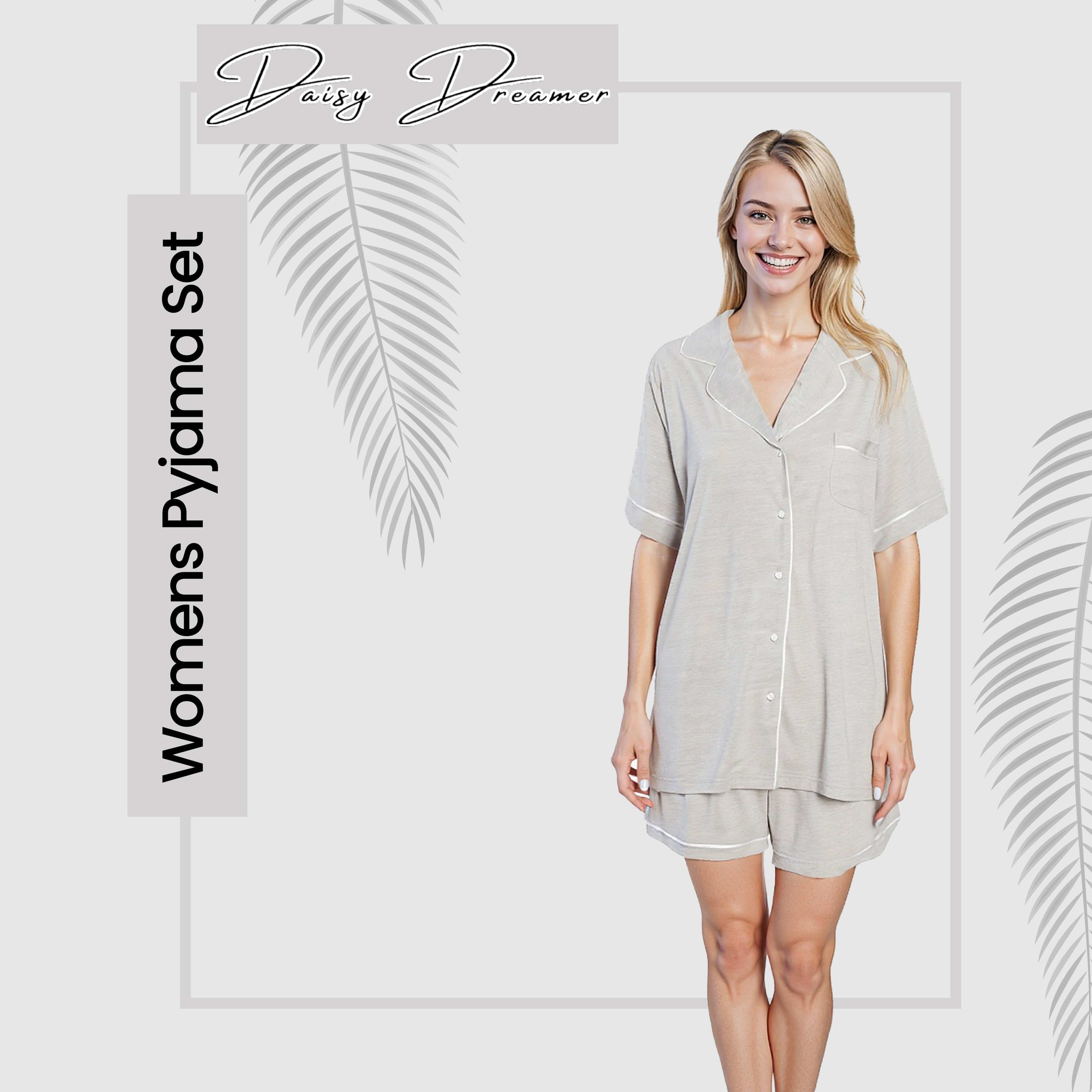 Women's Grey Short Pyjama Set Super Soft Sleepwear Nightwear Button Up Top and Shorts with Pockets PJs