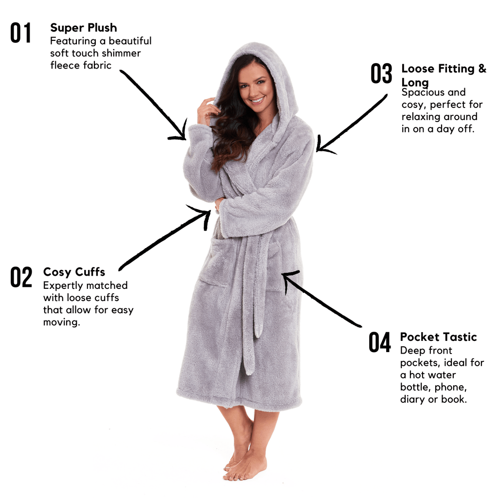 Women's Grey Snuggle Fleece Touch Hooded Robe Luxurious Soft Loungewear Cosy Durable Dressing Gown UK Sizes 8-22