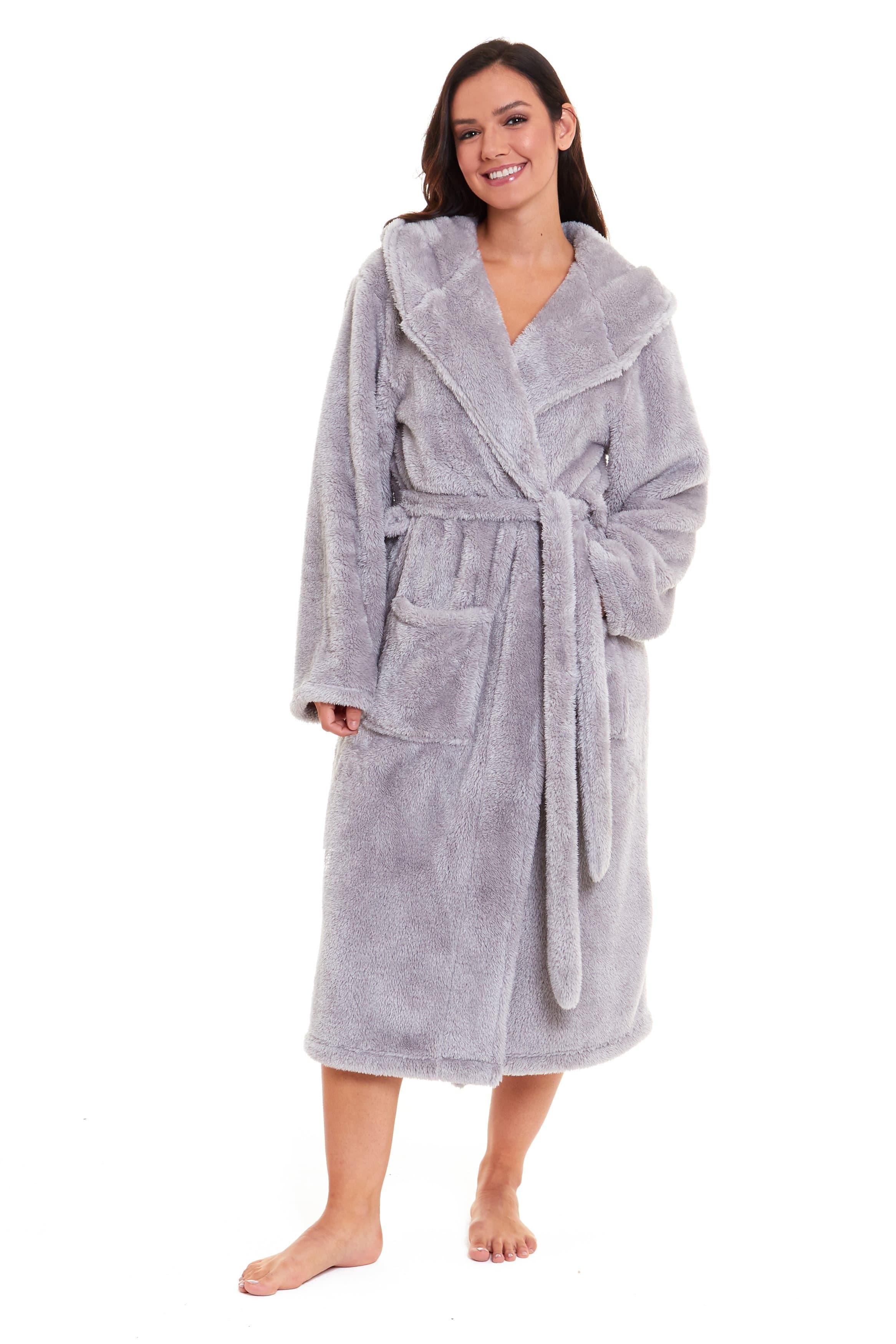 Women's Grey Snuggle Fleece Touch Hooded Robe Luxurious Soft Loungewear Cosy Durable Dressing Gown UK Sizes 8-22
