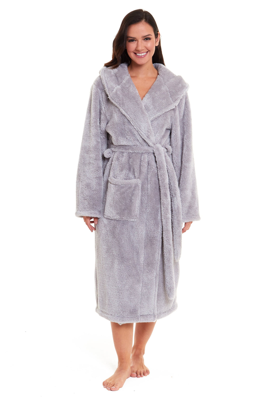 Women's Grey Snuggle Fleece Touch Hooded Robe Luxurious Soft Loungewear Cosy Durable Dressing Gown UK Sizes 8-22