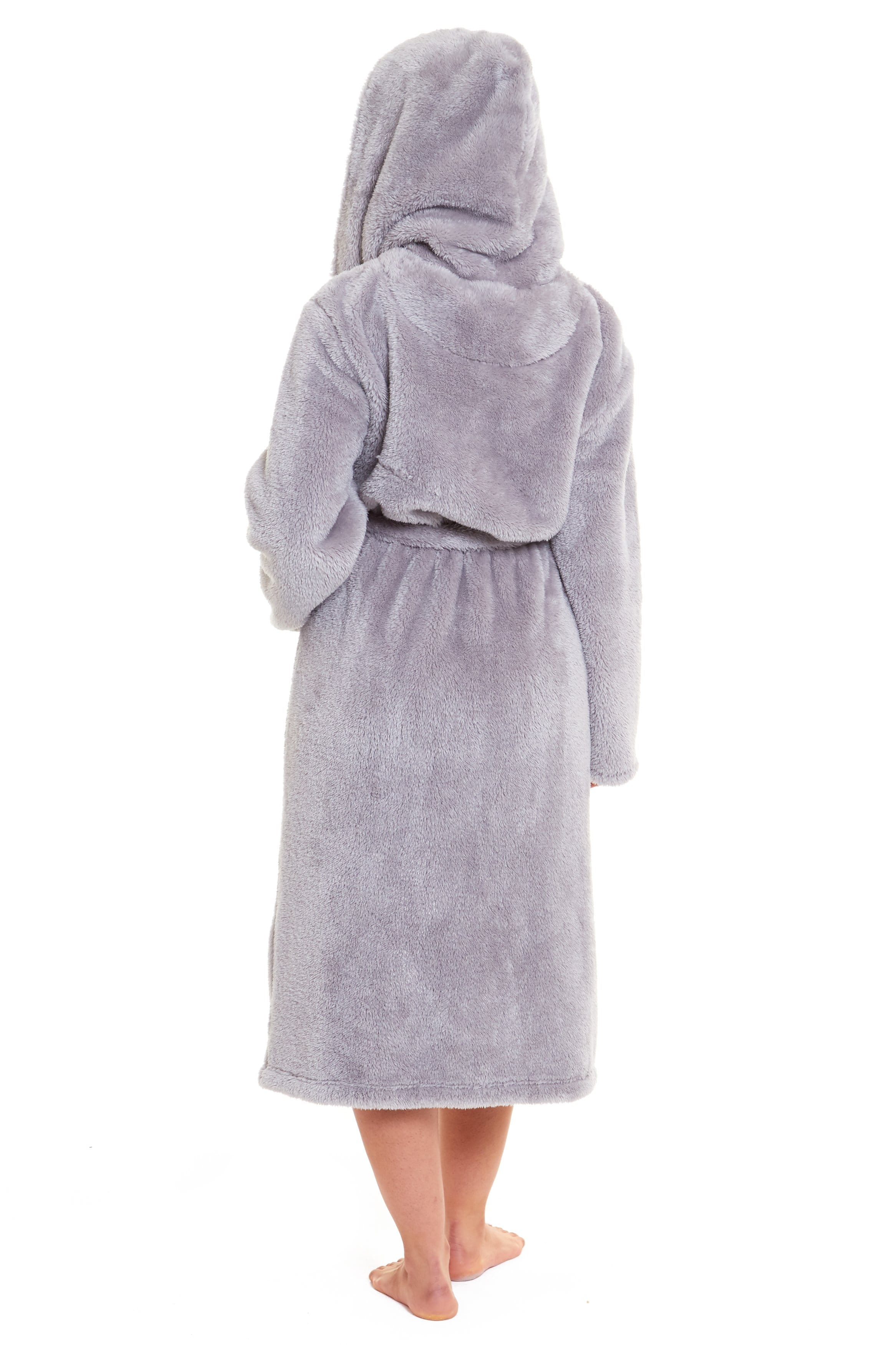 Women's Grey Snuggle Fleece Touch Hooded Robe Luxurious Soft Loungewear Cosy Durable Dressing Gown UK Sizes 8-22