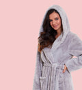 Women's Grey Snuggle Fleece Touch Hooded Robe Luxurious Soft Loungewear Cosy Durable Dressing Gown UK Sizes 8-22