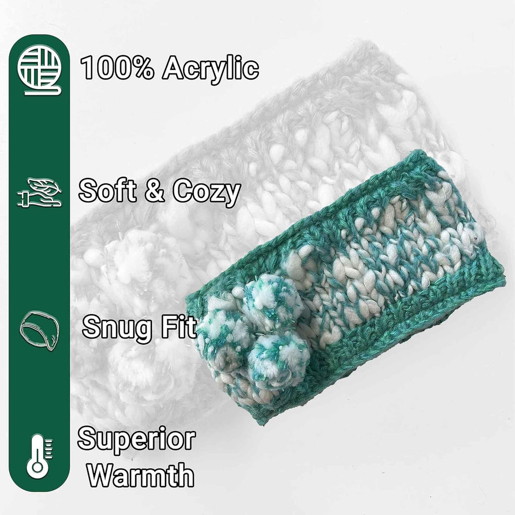 Women's Hand Knitted Daisy Pattern Winter Hat Headband Mittens Set with Pom Pom in Red Green Pink for Outdoor Activities and Holiday Gifts