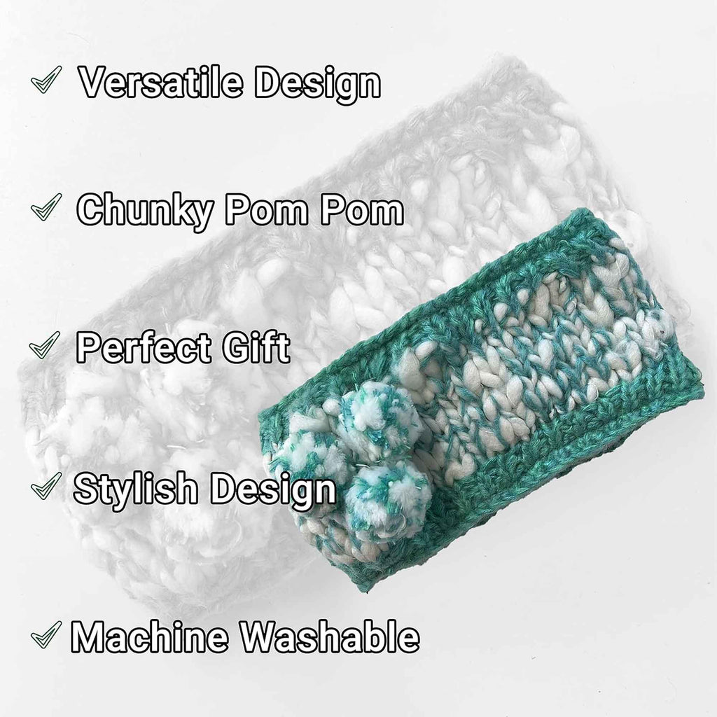 Women's Hand Knitted Daisy Pattern Winter Hat Headband Mittens Set with Pom Pom in Red Green Pink for Outdoor Activities and Holiday Gifts