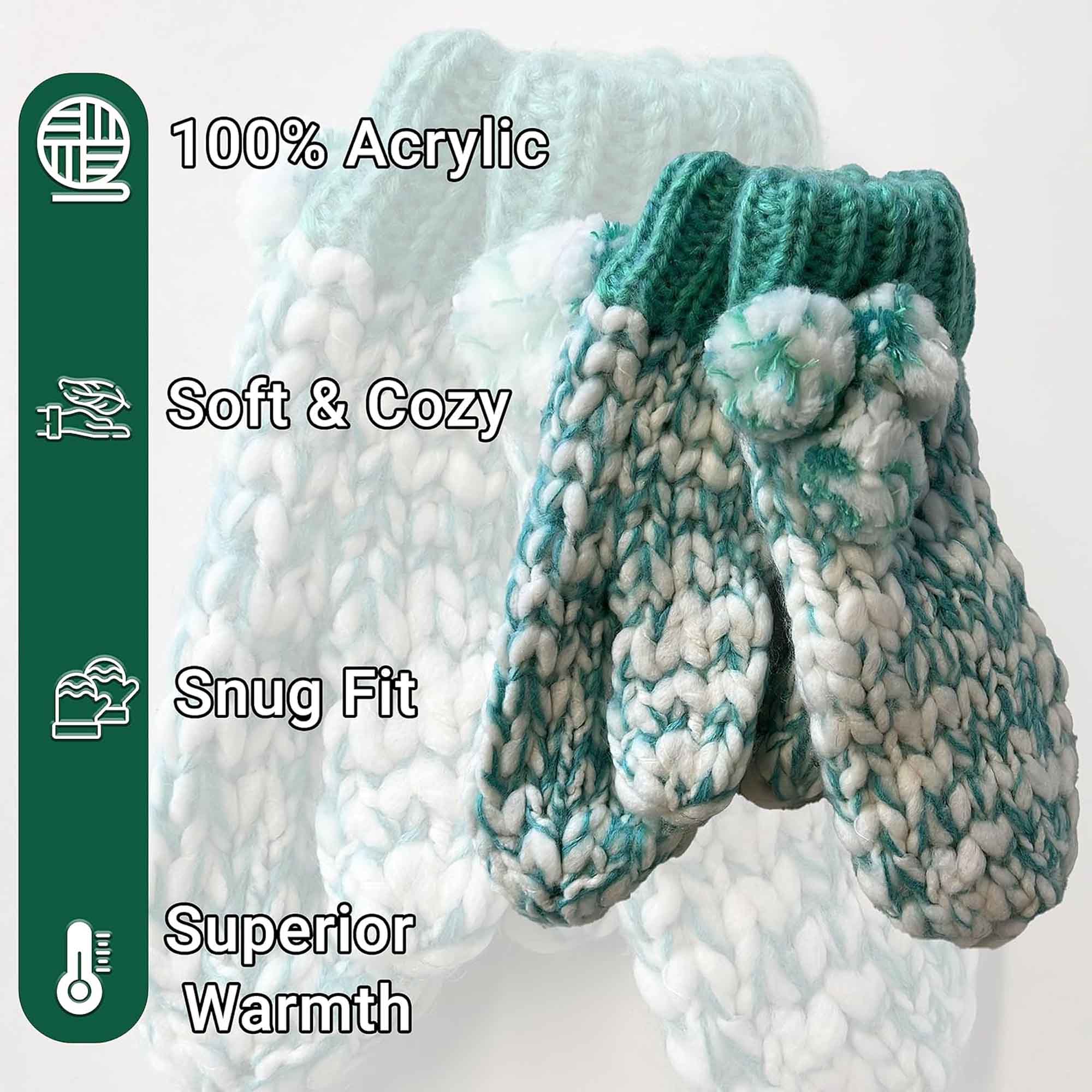 Women's Hand Knitted Daisy Pattern Winter Hat Headband Mittens Set with Pom Pom in Red Green Pink for Outdoor Activities and Holiday Gifts