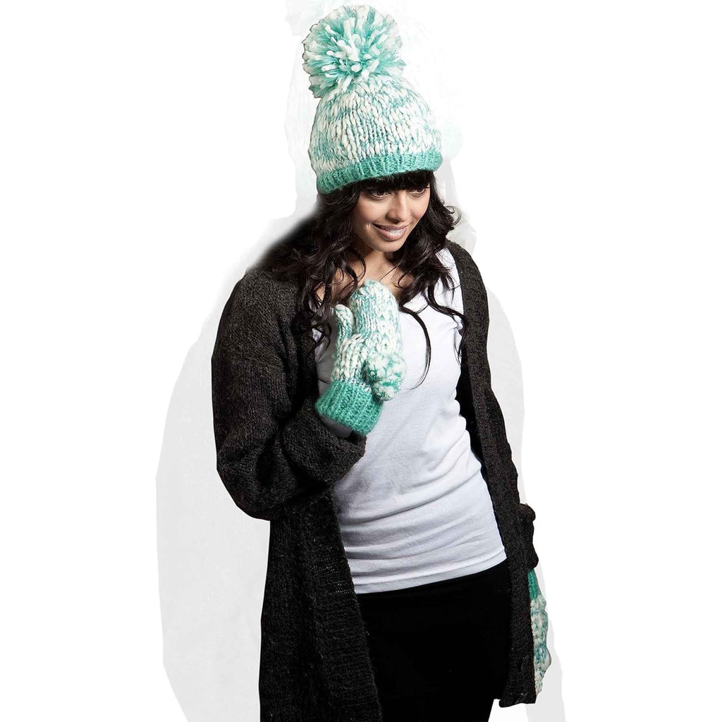 Women's Hand Knitted Daisy Pattern Winter Hat Headband Mittens Set with Pom Pom in Red Green Pink for Outdoor Activities and Holiday Gifts