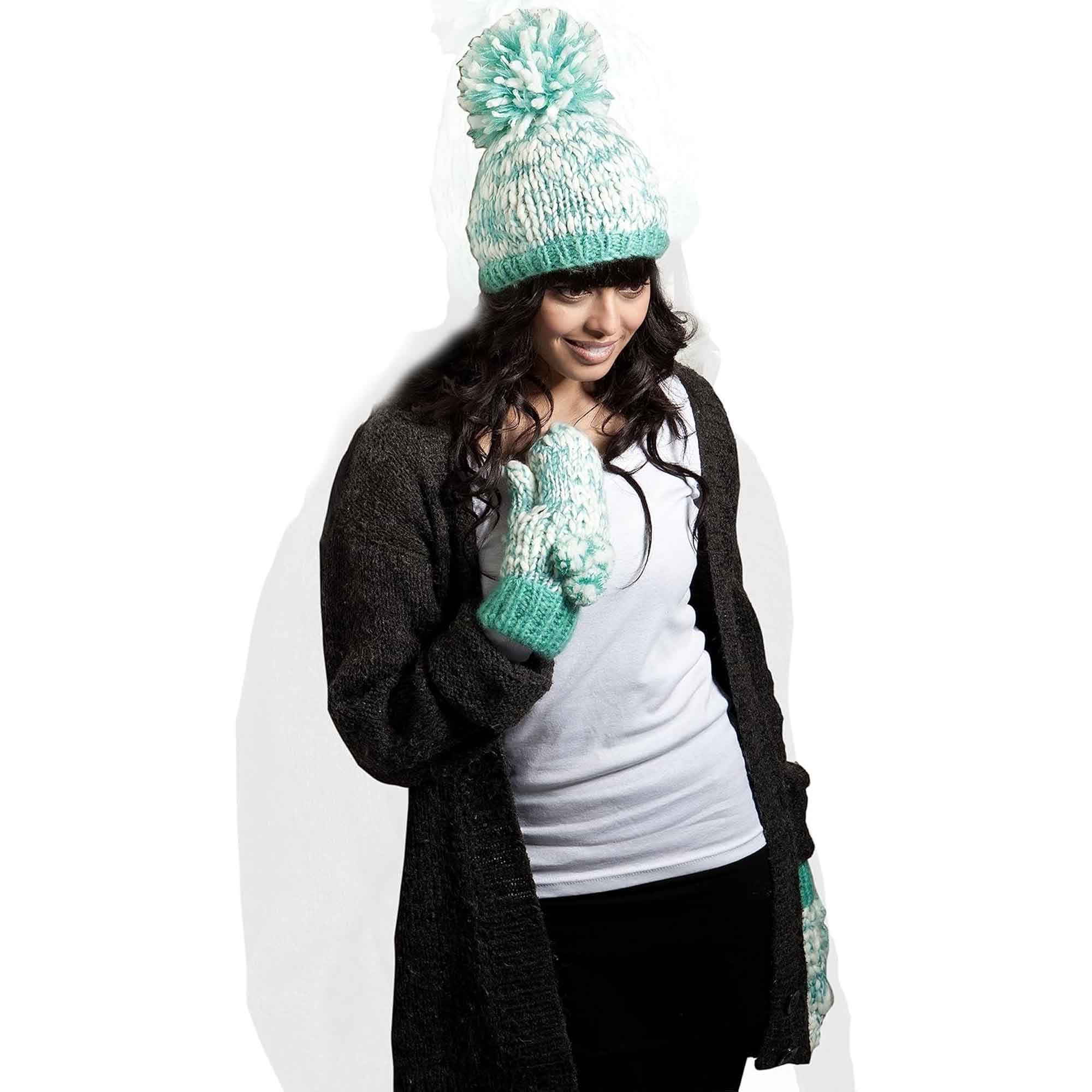 Women's Hand Knitted Daisy Pattern Winter Hat Headband Mittens Set with Pom Pom in Red Green Pink for Outdoor Activities and Holiday Gifts