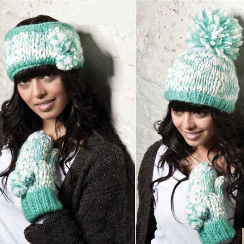 Women's Hand Knitted Daisy Pattern Winter Hat Headband Mittens Set with Pom Pom in Red Green Pink for Outdoor Activities and Holiday Gifts