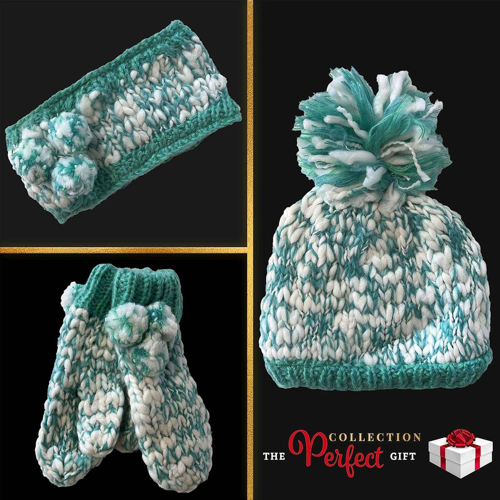 Women's Hand Knitted Daisy Pattern Winter Hat Headband Mittens Set with Pom Pom in Red Green Pink for Outdoor Activities and Holiday Gifts