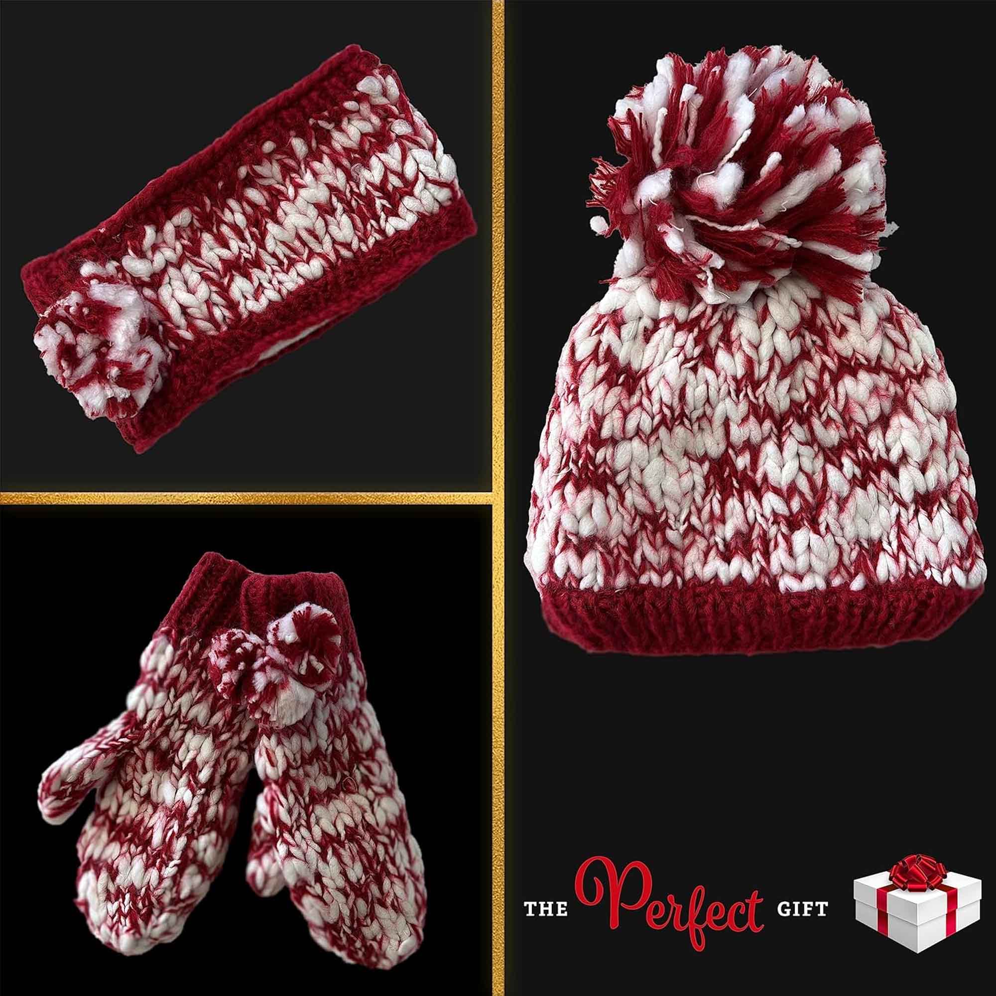 Women's Hand Knitted Daisy Pattern Winter Hat Headband Mittens Set with Pom Pom in Red Green Pink for Outdoor Activities and Holiday Gifts