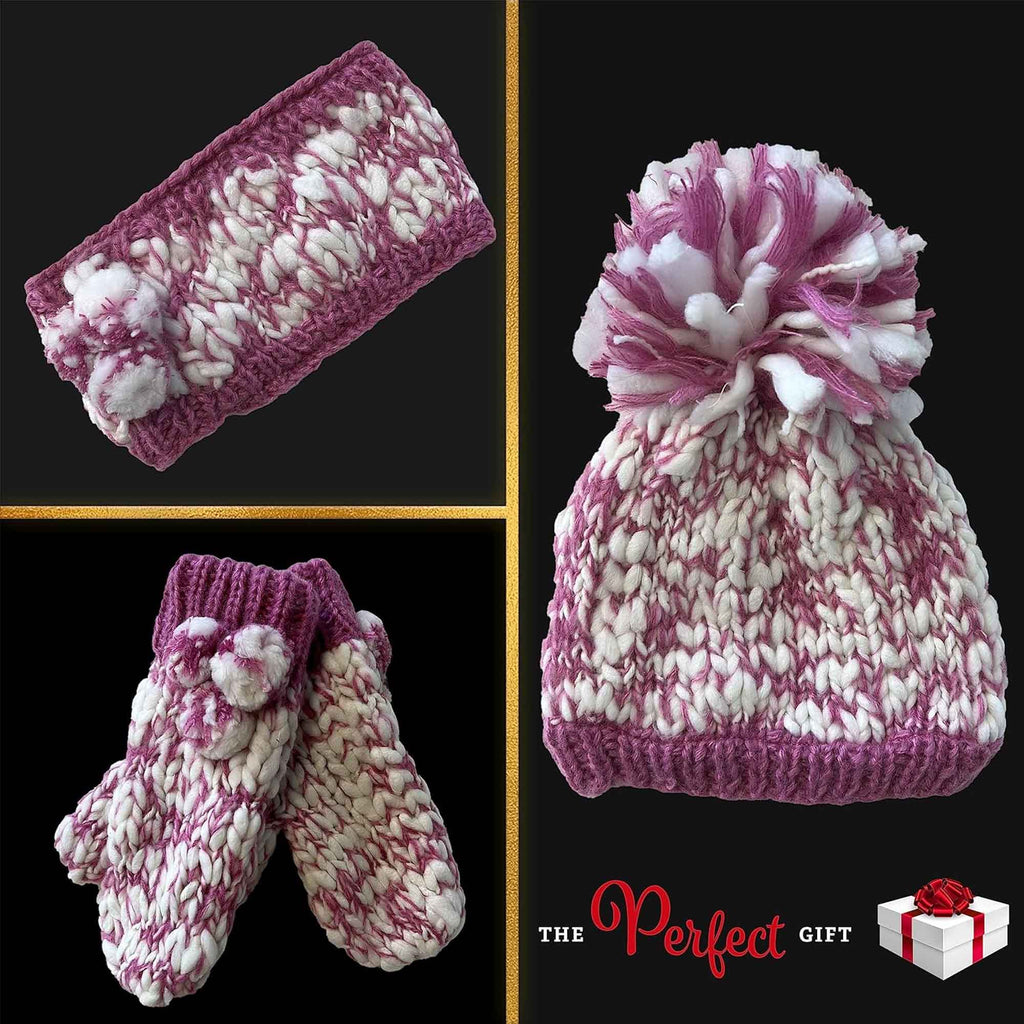 Women's Hand Knitted Daisy Pattern Winter Hat Headband Mittens Set with Pom Pom in Red Green Pink for Outdoor Activities and Holiday Gifts