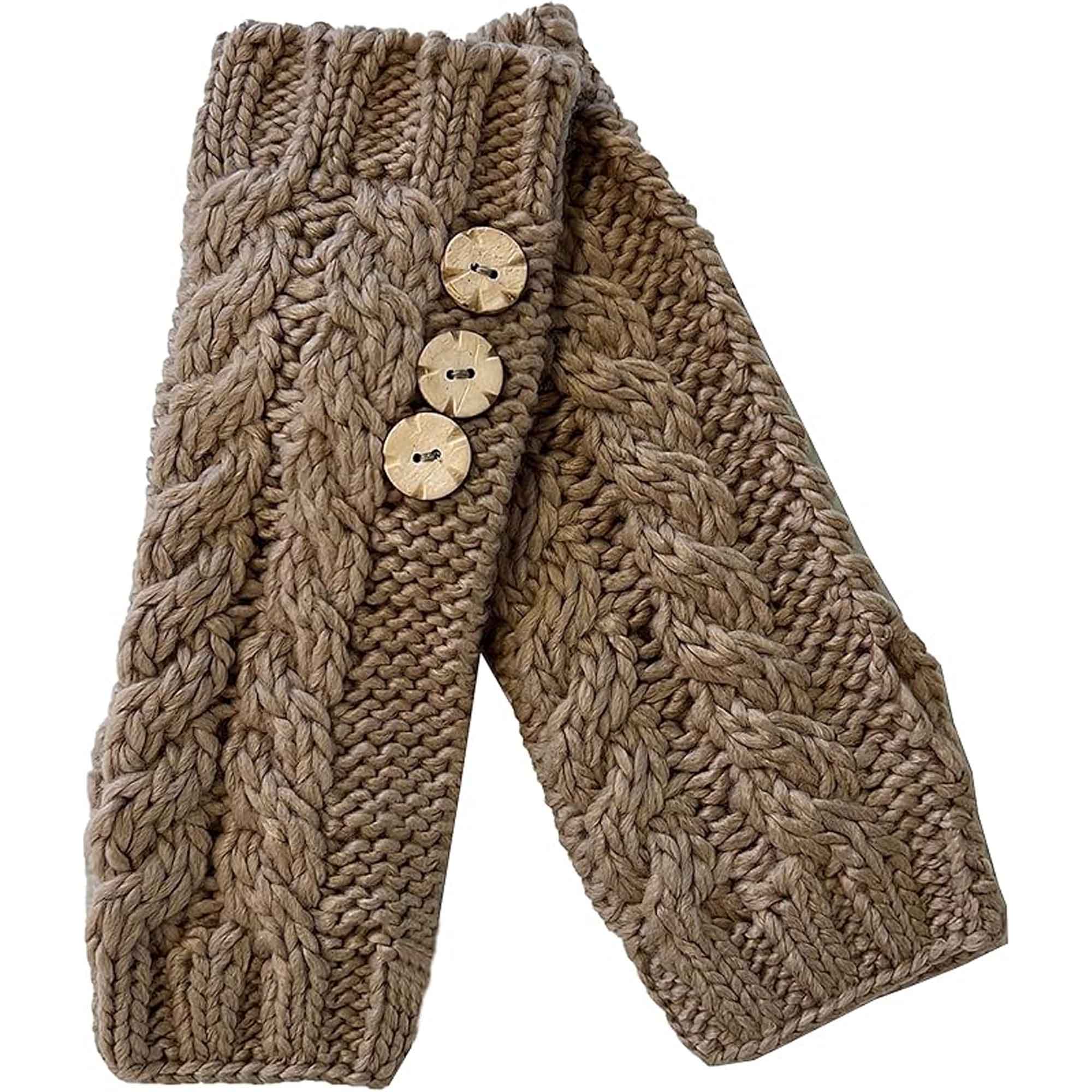 Women's Hand-Knitted Winter Hat Scarf and Hand Warmer Set with Inga Button Design Luxurious Acrylic Adjustable Fit Elegant Brown and Cream