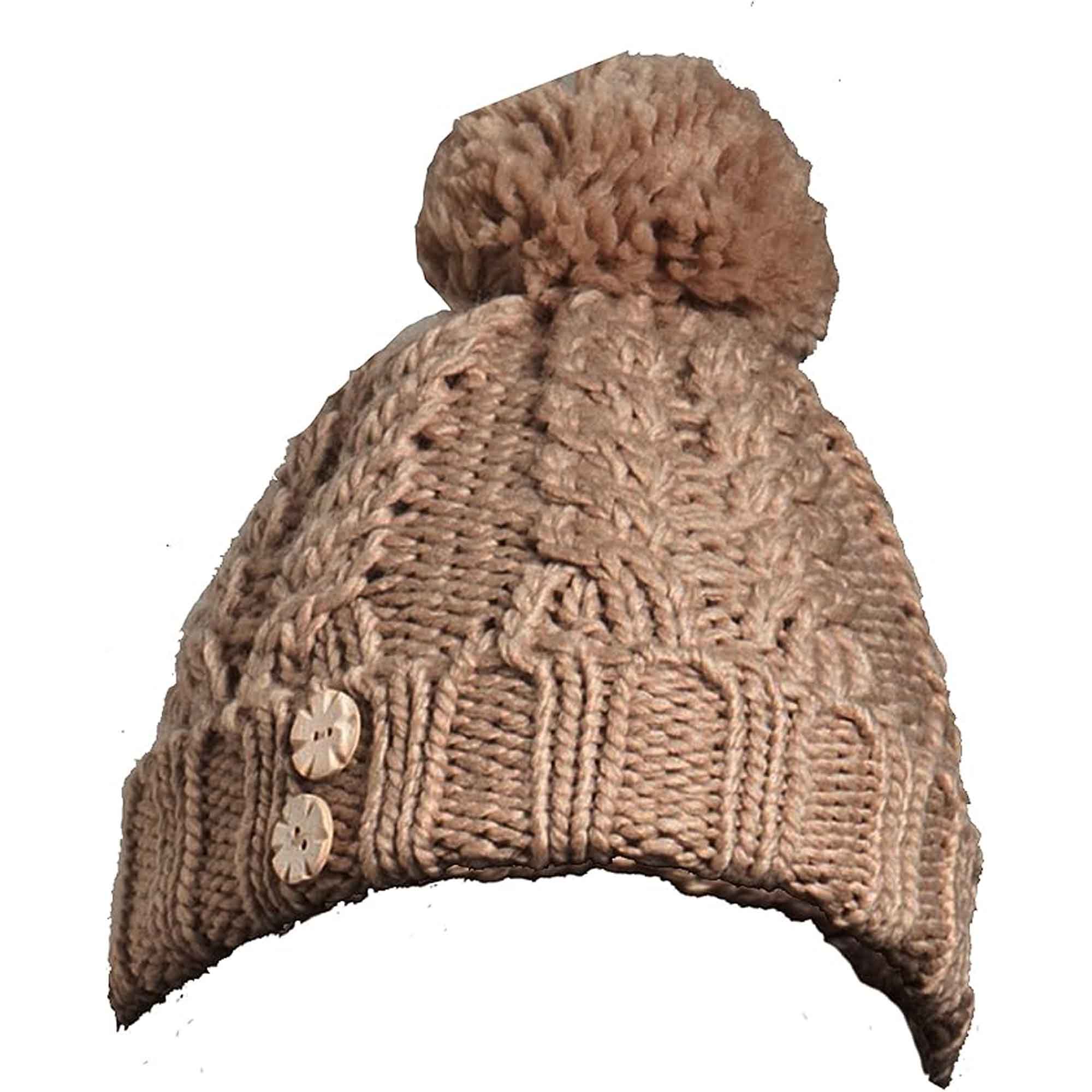 Women's Hand-Knitted Winter Hat Scarf and Hand Warmer Set with Inga Button Design Luxurious Acrylic Adjustable Fit Elegant Brown and Cream