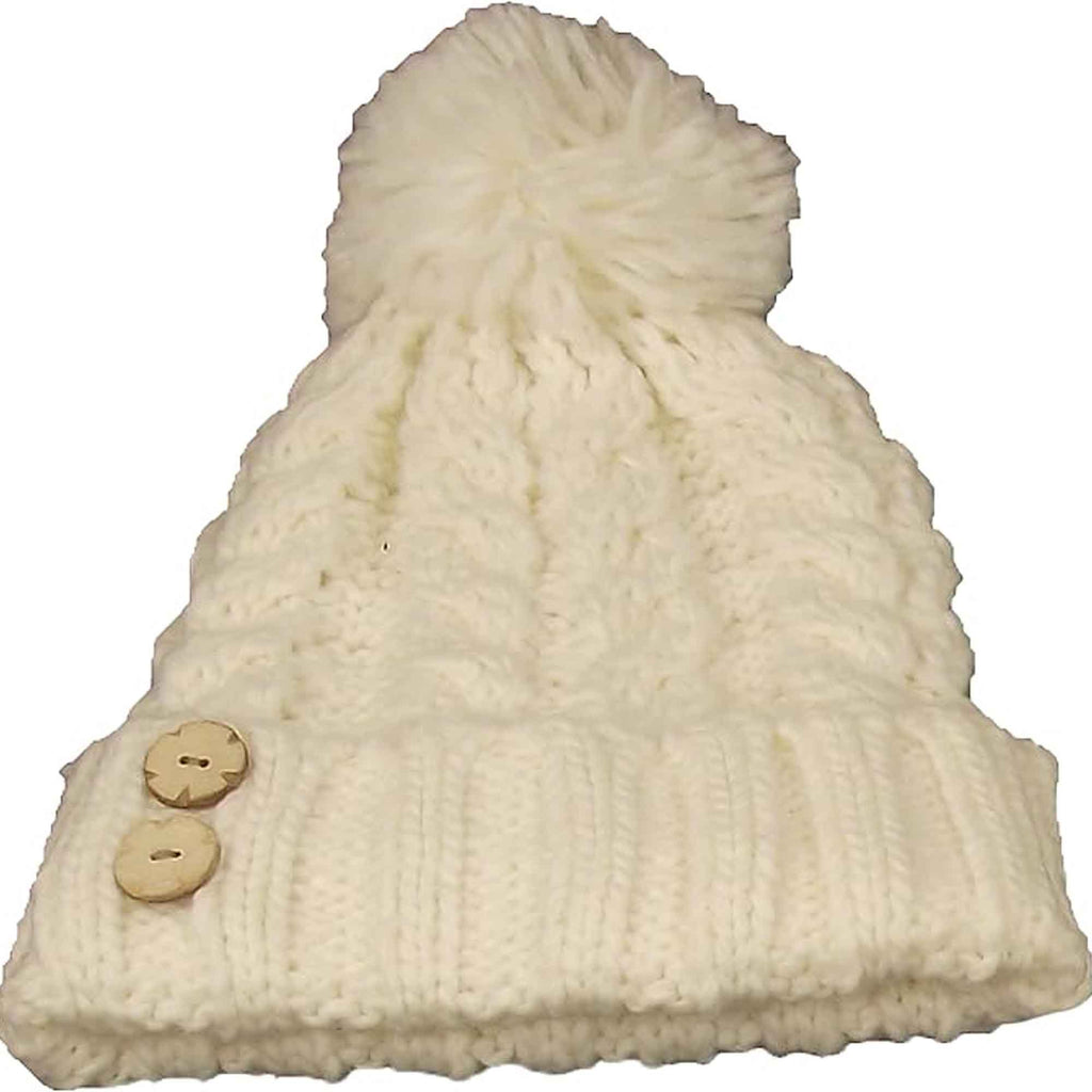 Women's Hand-Knitted Winter Hat Scarf and Hand Warmer Set with Inga Button Design Luxurious Acrylic Adjustable Fit Elegant Brown and Cream