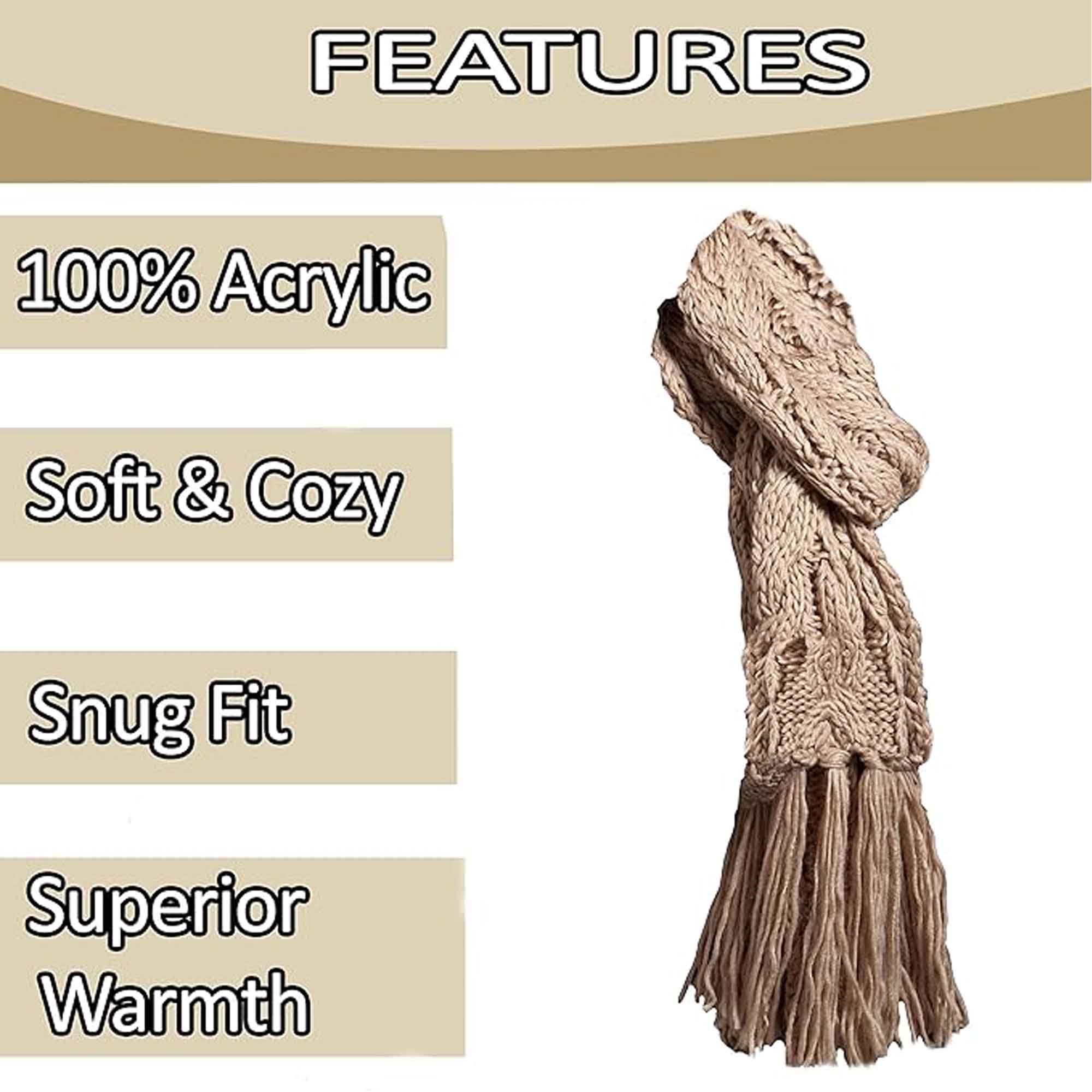 Women's Hand-Knitted Winter Hat Scarf and Hand Warmer Set with Inga Button Design Luxurious Acrylic Adjustable Fit Elegant Brown and Cream