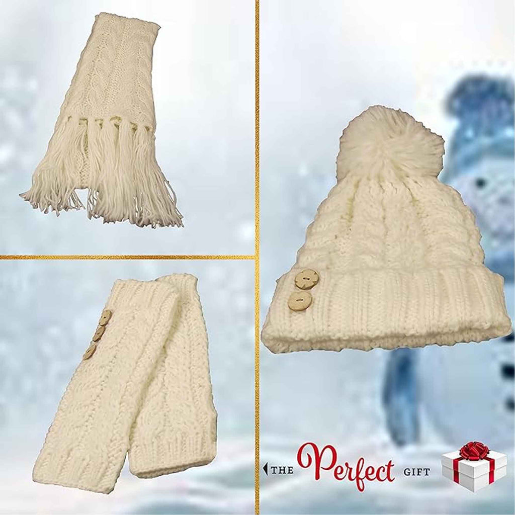 Women's Hand-Knitted Winter Hat Scarf and Hand Warmer Set with Inga Button Design Luxurious Acrylic Adjustable Fit Elegant Brown and Cream