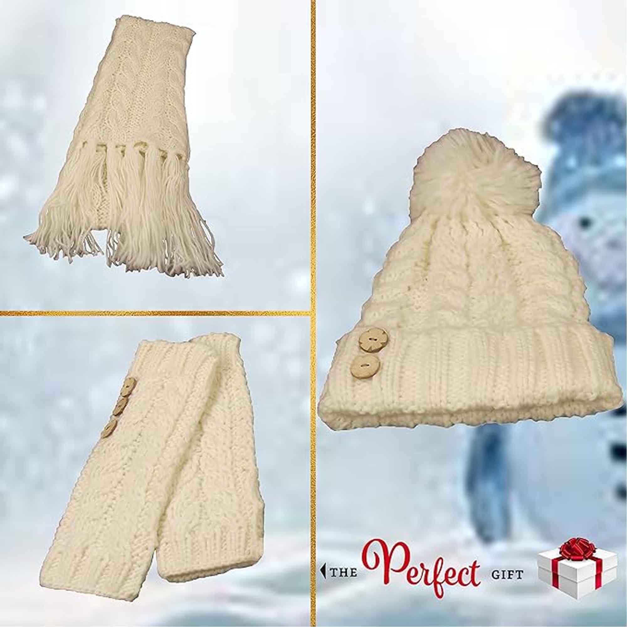 Women's Hand-Knitted Winter Hat Scarf and Hand Warmer Set with Inga Button Design Luxurious Acrylic Adjustable Fit Elegant Brown and Cream