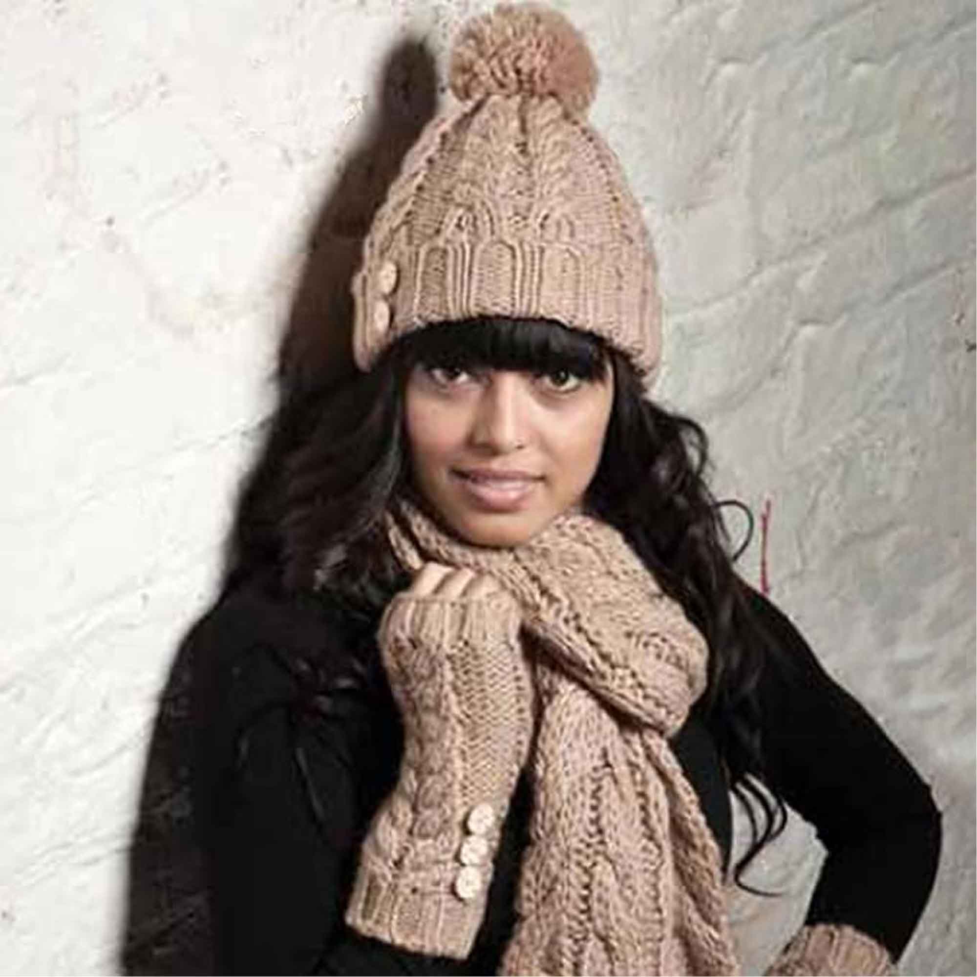 Women's Hand-Knitted Winter Hat Scarf and Hand Warmer Set with Inga Button Design Luxurious Acrylic Adjustable Fit Elegant Brown and Cream