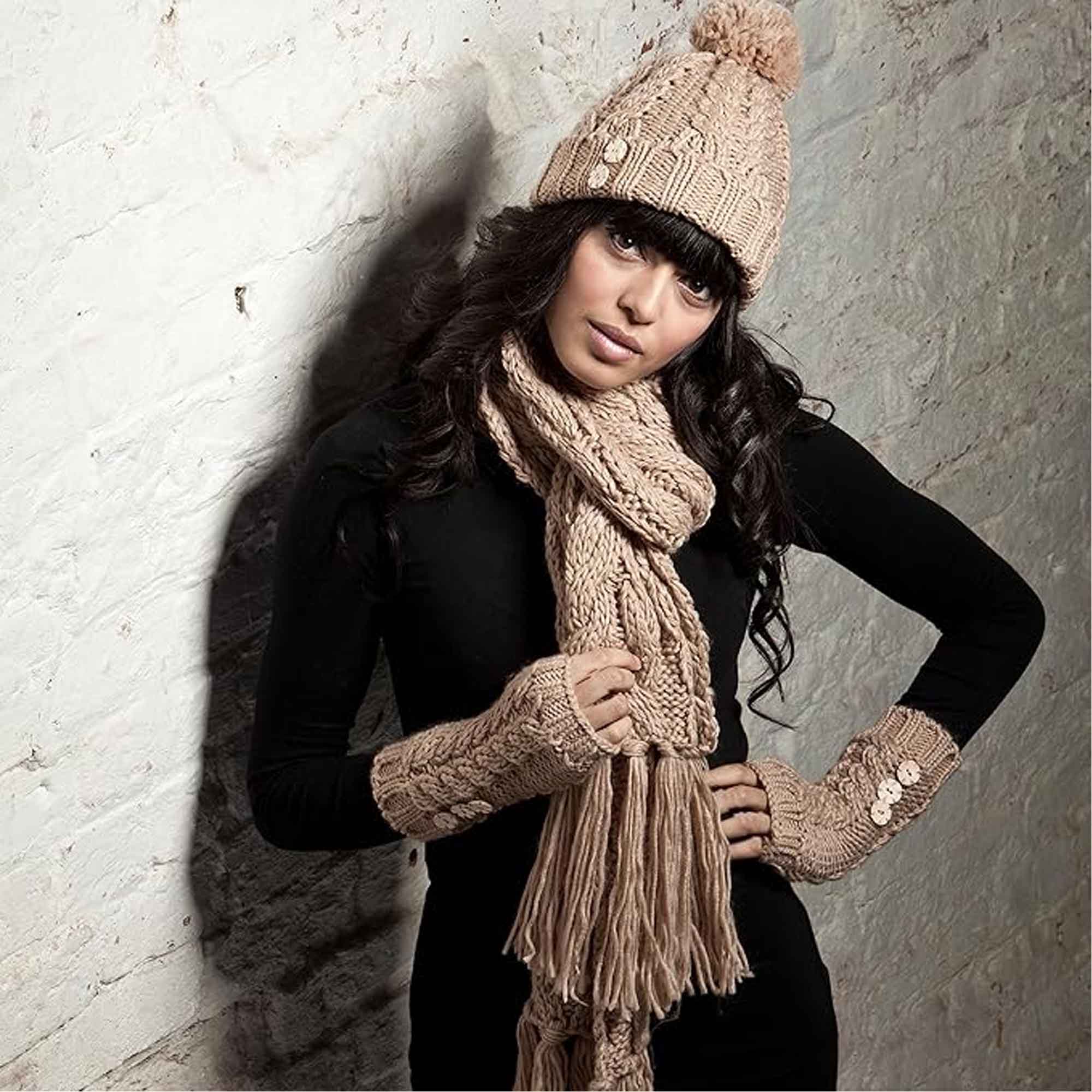 Women's Hand-Knitted Winter Hat Scarf and Hand Warmer Set with Inga Button Design Luxurious Acrylic Adjustable Fit Elegant Brown and Cream