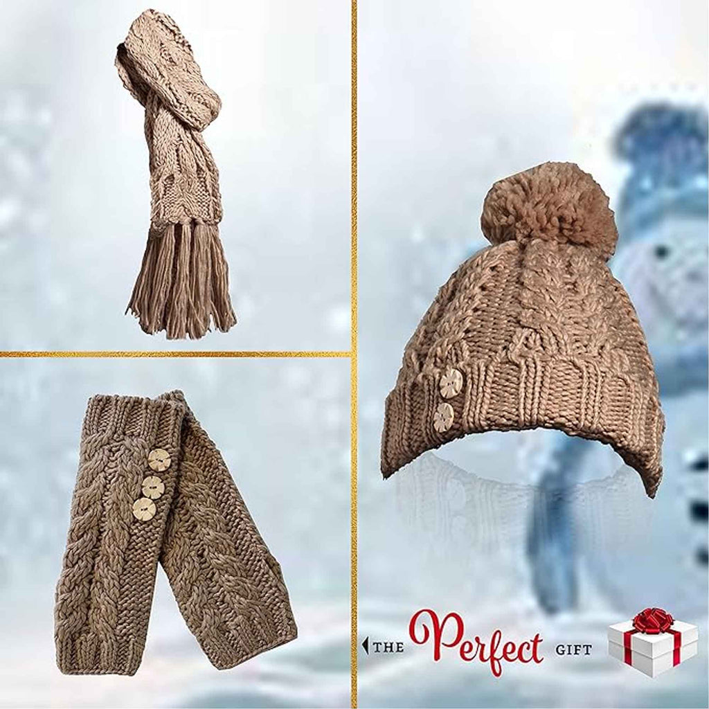 Women's Hand-Knitted Winter Hat Scarf and Hand Warmer Set with Inga Button Design Luxurious Acrylic Adjustable Fit Elegant Brown and Cream