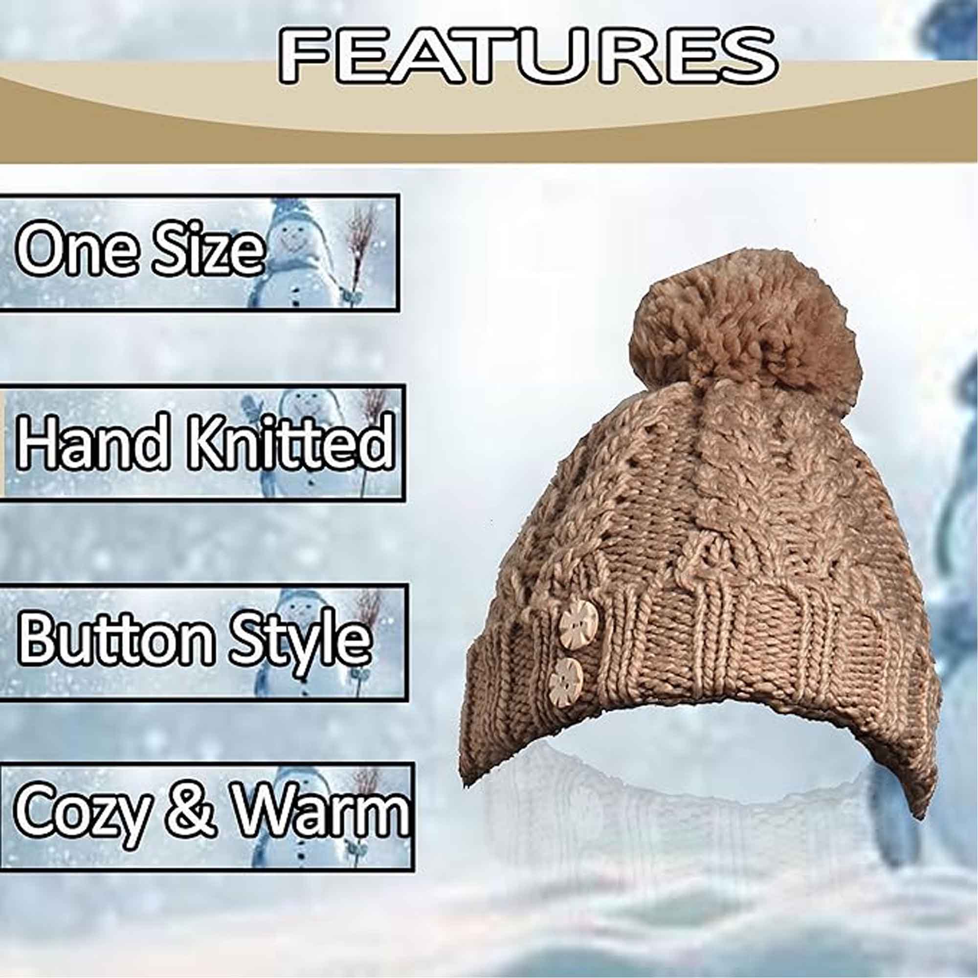 Women's Hand-Knitted Winter Hat Scarf and Hand Warmer Set with Inga Button Design Luxurious Acrylic Adjustable Fit Elegant Brown and Cream