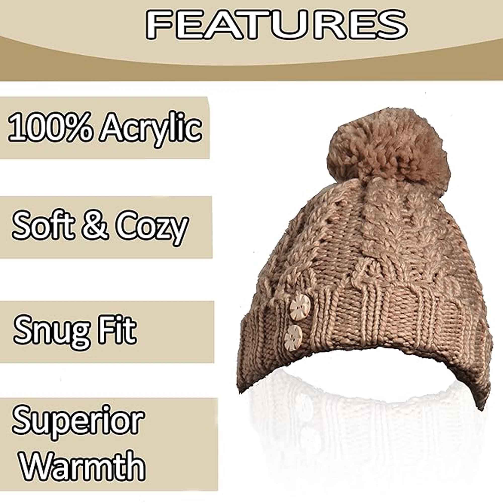 Women's Hand-Knitted Winter Hat Scarf and Hand Warmer Set with Inga Button Design Luxurious Acrylic Adjustable Fit Elegant Brown and Cream