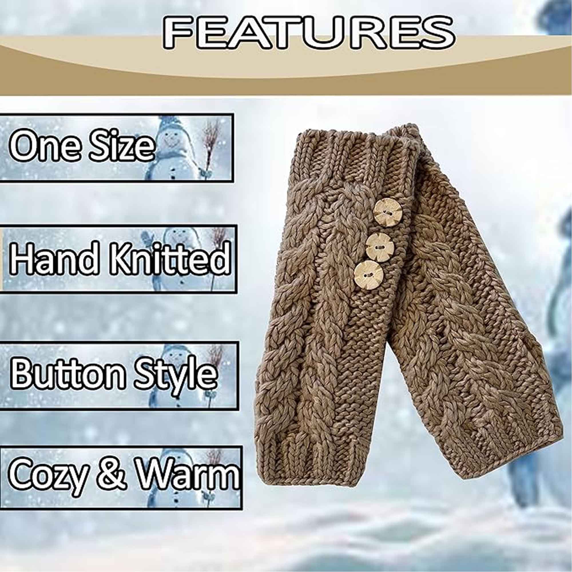 Women's Hand-Knitted Winter Hat Scarf and Hand Warmer Set with Inga Button Design Luxurious Acrylic Adjustable Fit Elegant Brown and Cream