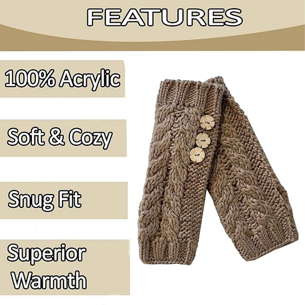 Women's Hand-Knitted Winter Hat Scarf and Hand Warmer Set with Inga Button Design Luxurious Acrylic Adjustable Fit Elegant Brown and Cream