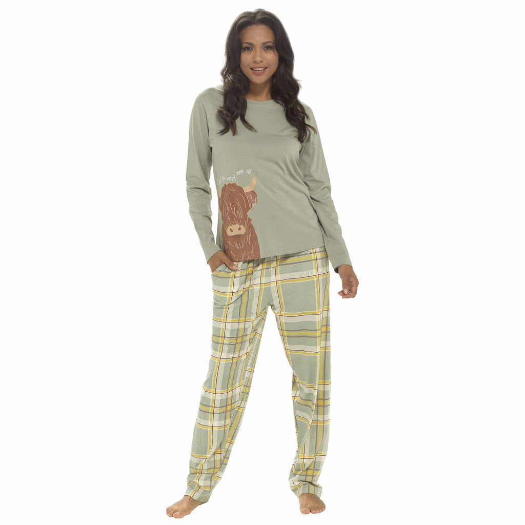 Women's Highland Cow Cotton Jersey Pyjama Set Long Sleeve Lounge Wear PJs with Elasticated Waistband