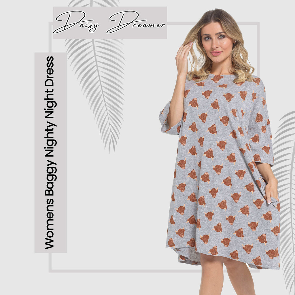 Women's Highland Cow Cream Baggy Nighty Dress Oversized T-Shirt Nighties 100% Cotton Short Sleeved Nightshirt for Ladies
