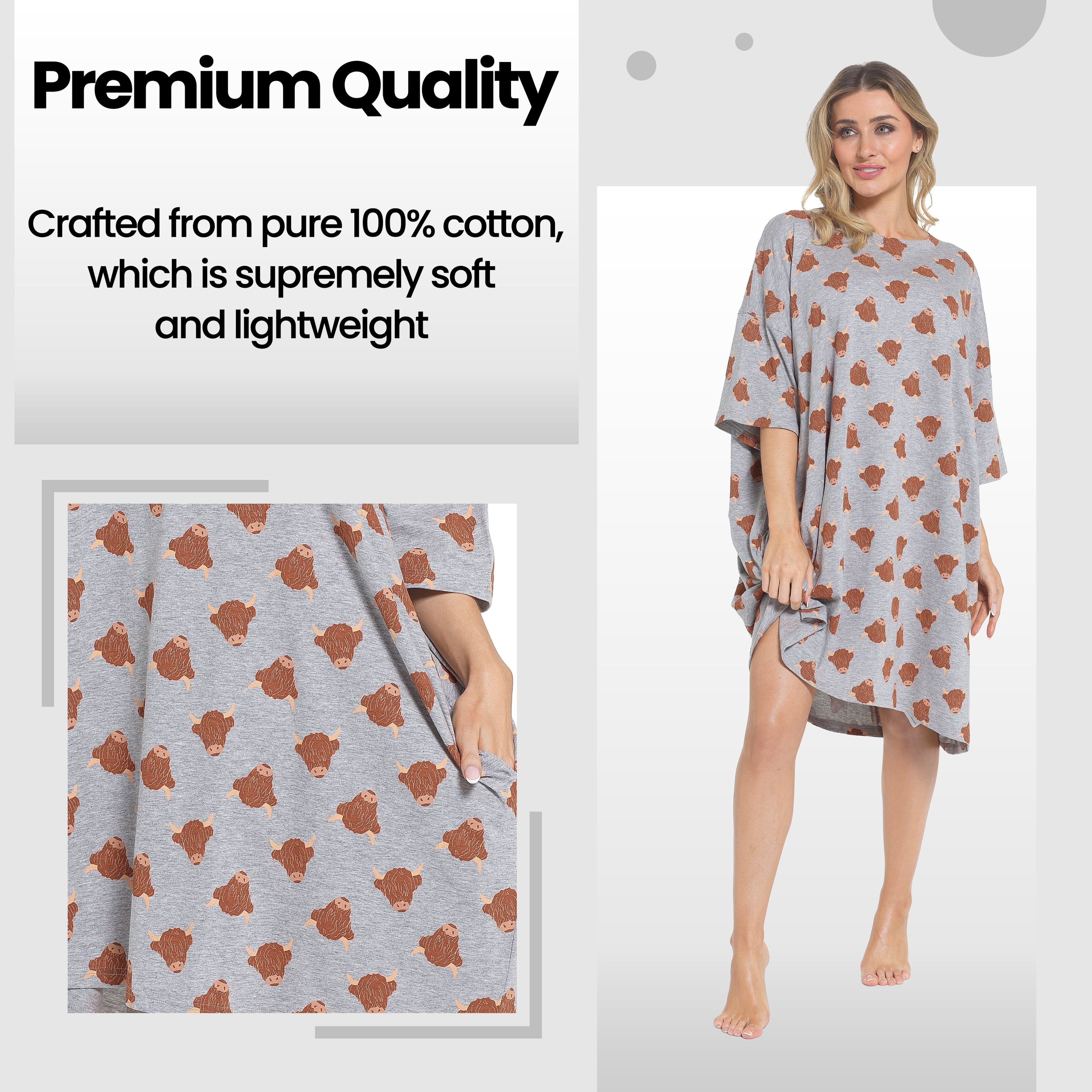 Women's Highland Cow Cream Baggy Nighty Dress Oversized T-Shirt Nighties 100% Cotton Short Sleeved Nightshirt for Ladies