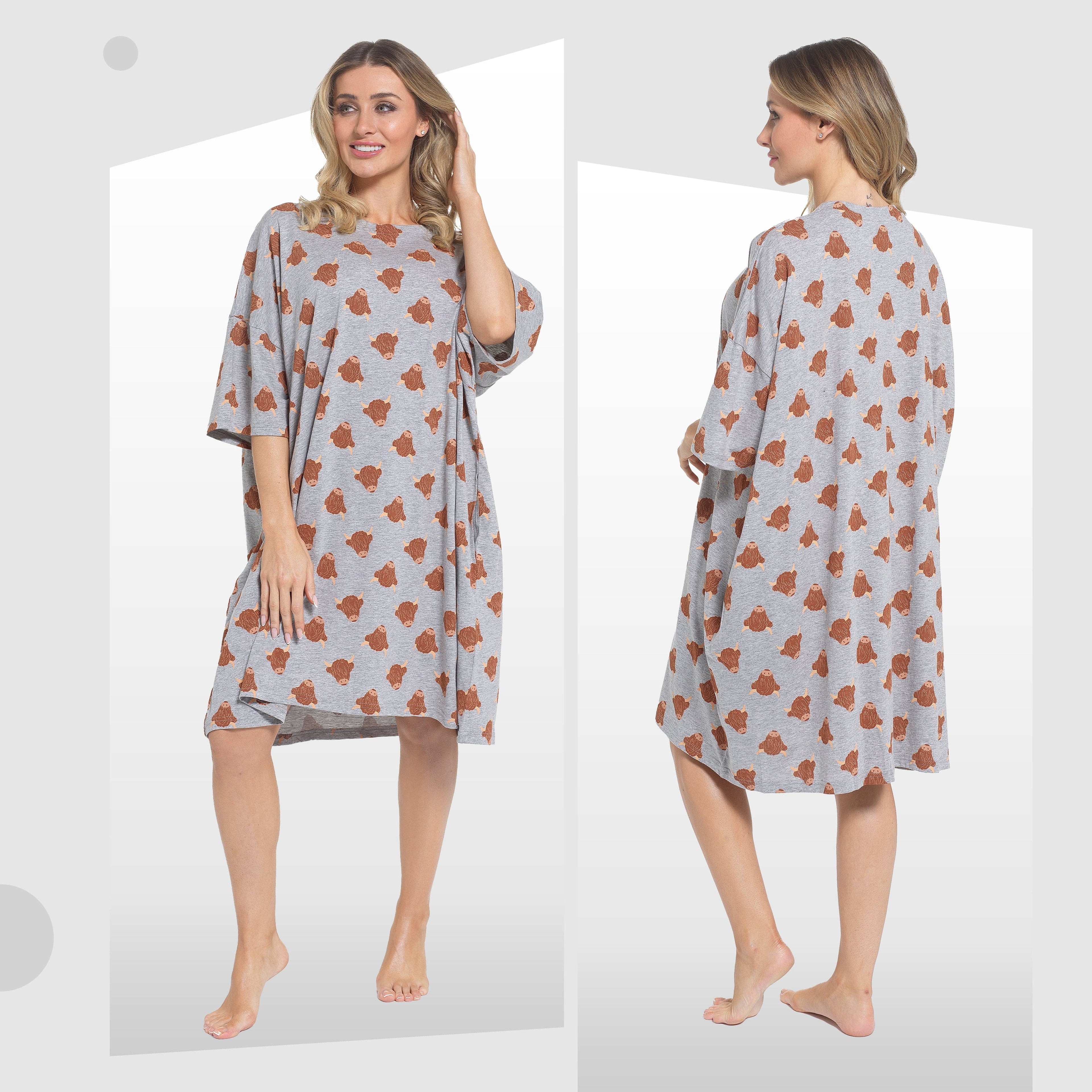 Women's Highland Cow Cream Baggy Nighty Dress Oversized T-Shirt Nighties 100% Cotton Short Sleeved Nightshirt for Ladies