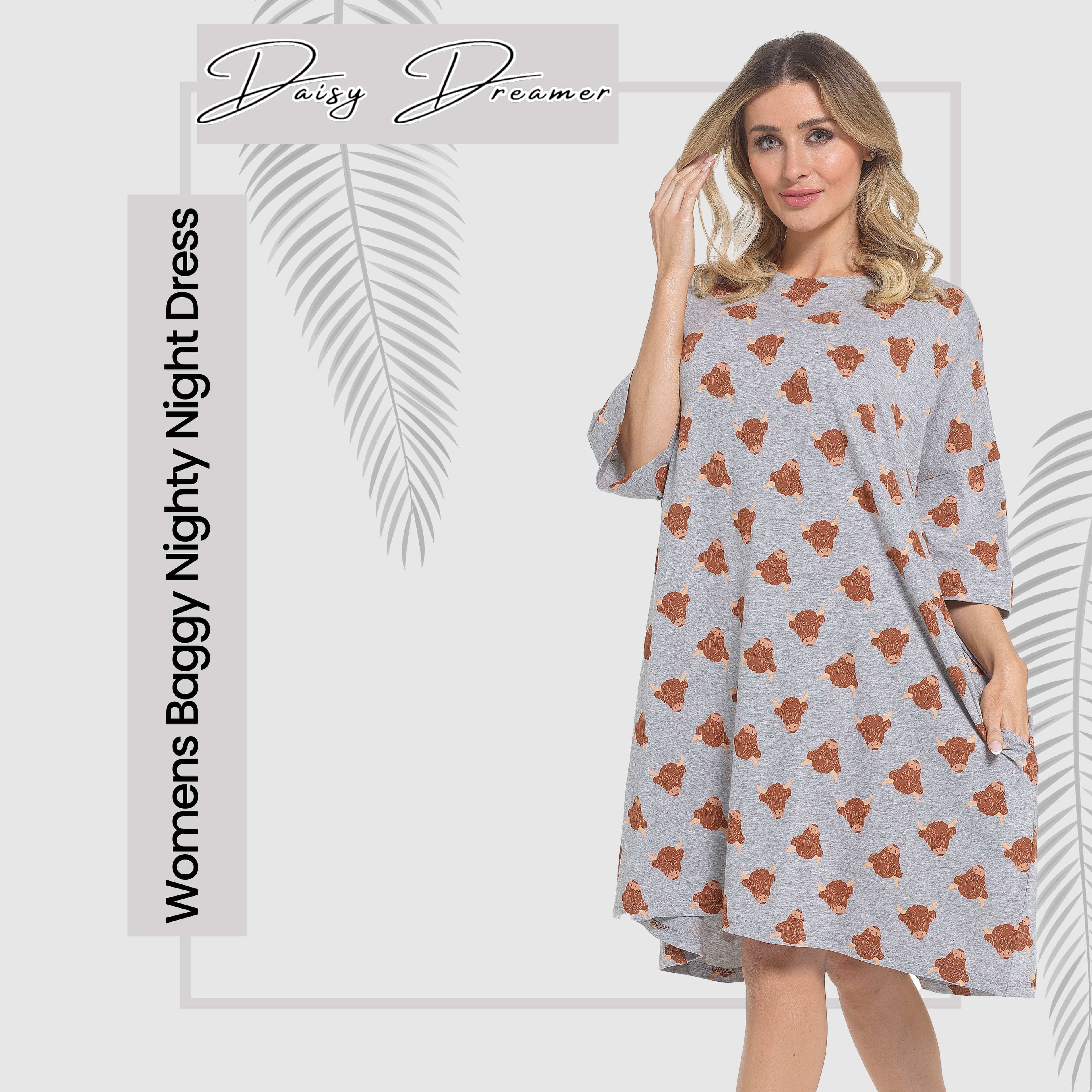 Women's Highland Cow Cream Baggy Nighty Dress Oversized T-Shirt Nighties 100% Cotton Short Sleeved Nightshirt for Ladies