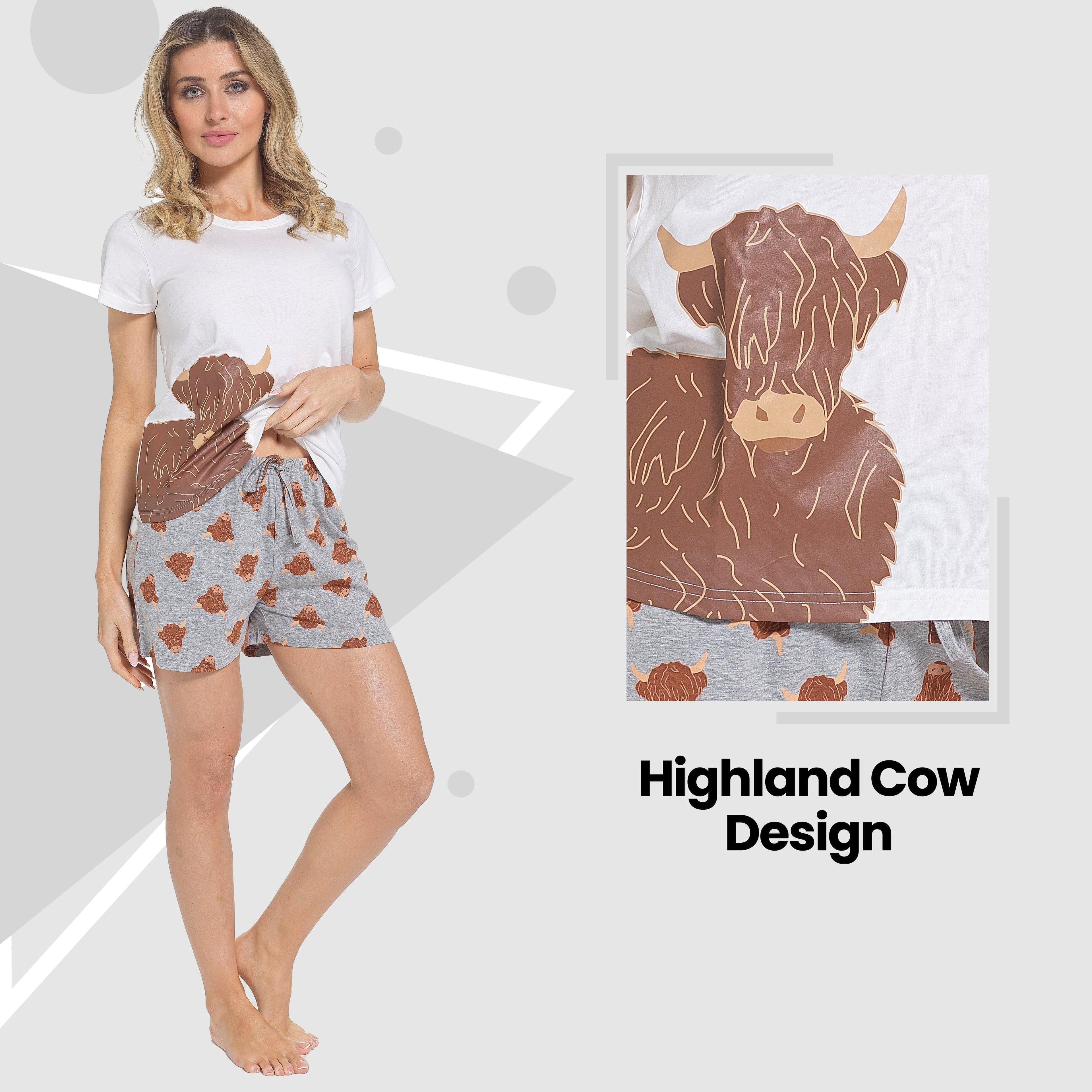 Women's Highland Cow Pyjama Set T-Shirt & Shorts PJs Soft Cotton Loungewear Summer Holiday Sleepwear