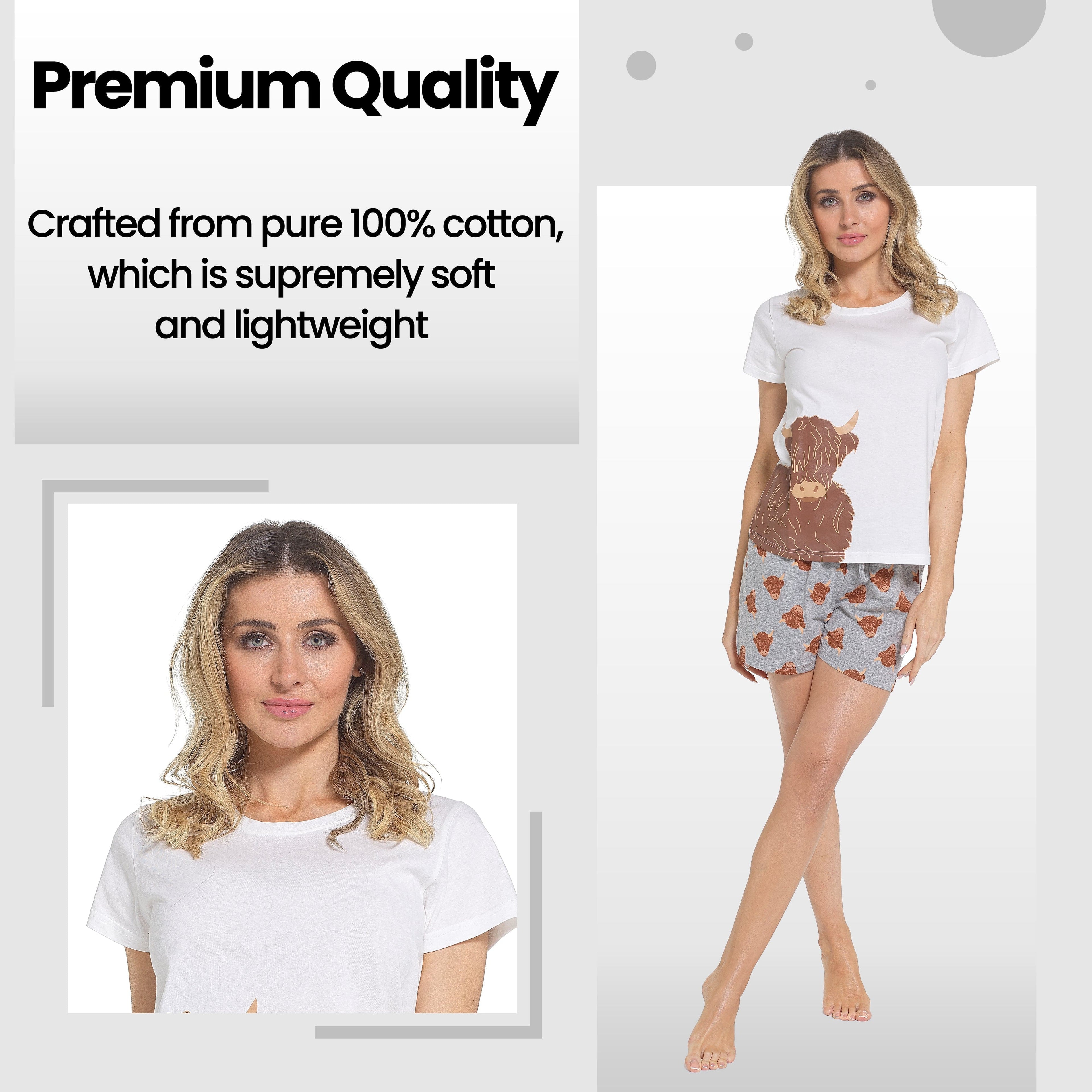 Women's Highland Cow Pyjama Set T-Shirt & Shorts PJs Soft Cotton Loungewear Summer Holiday Sleepwear