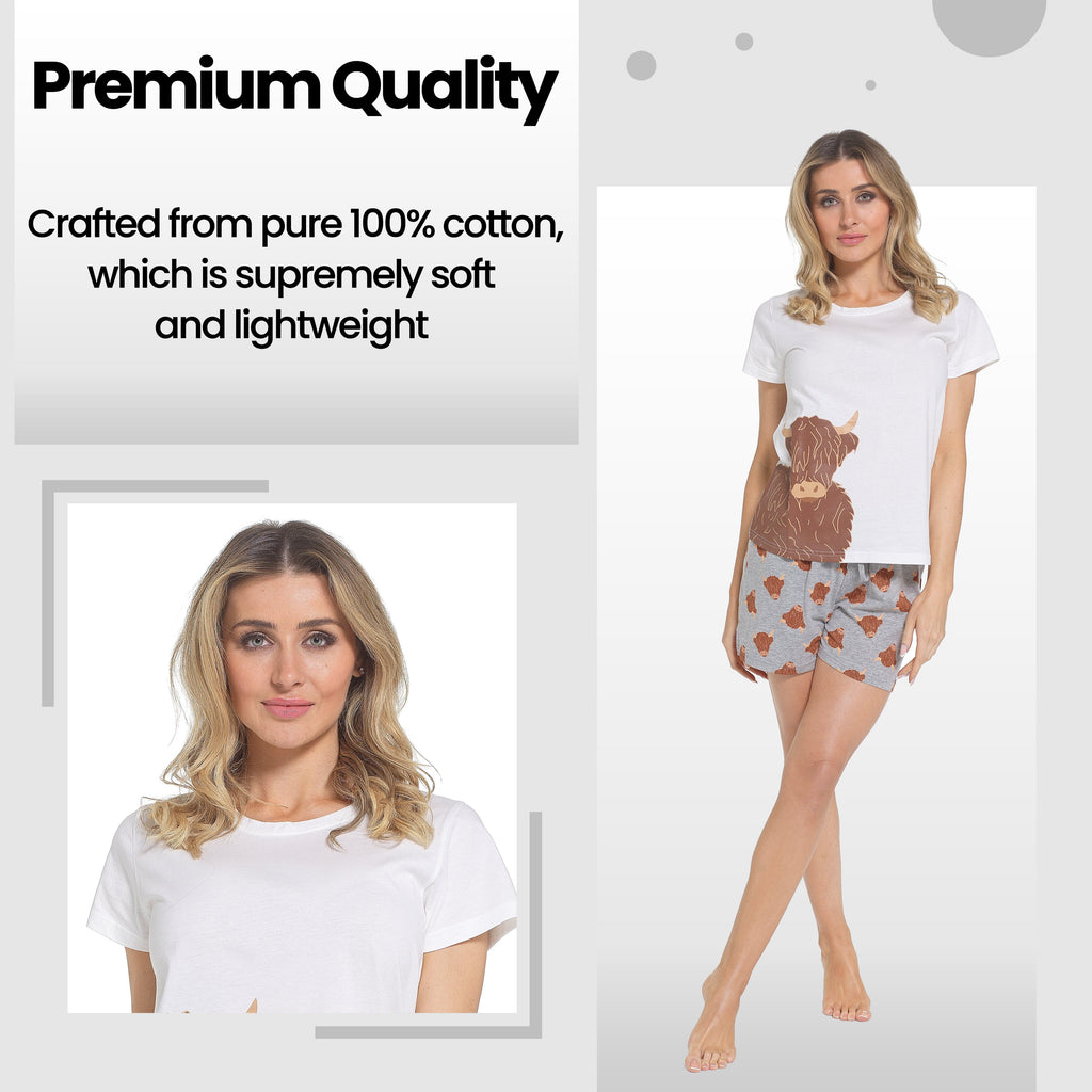Women's Highland Cow Pyjama Set T-Shirt & Shorts PJs Soft Cotton Loungewear Summer Holiday Sleepwear
