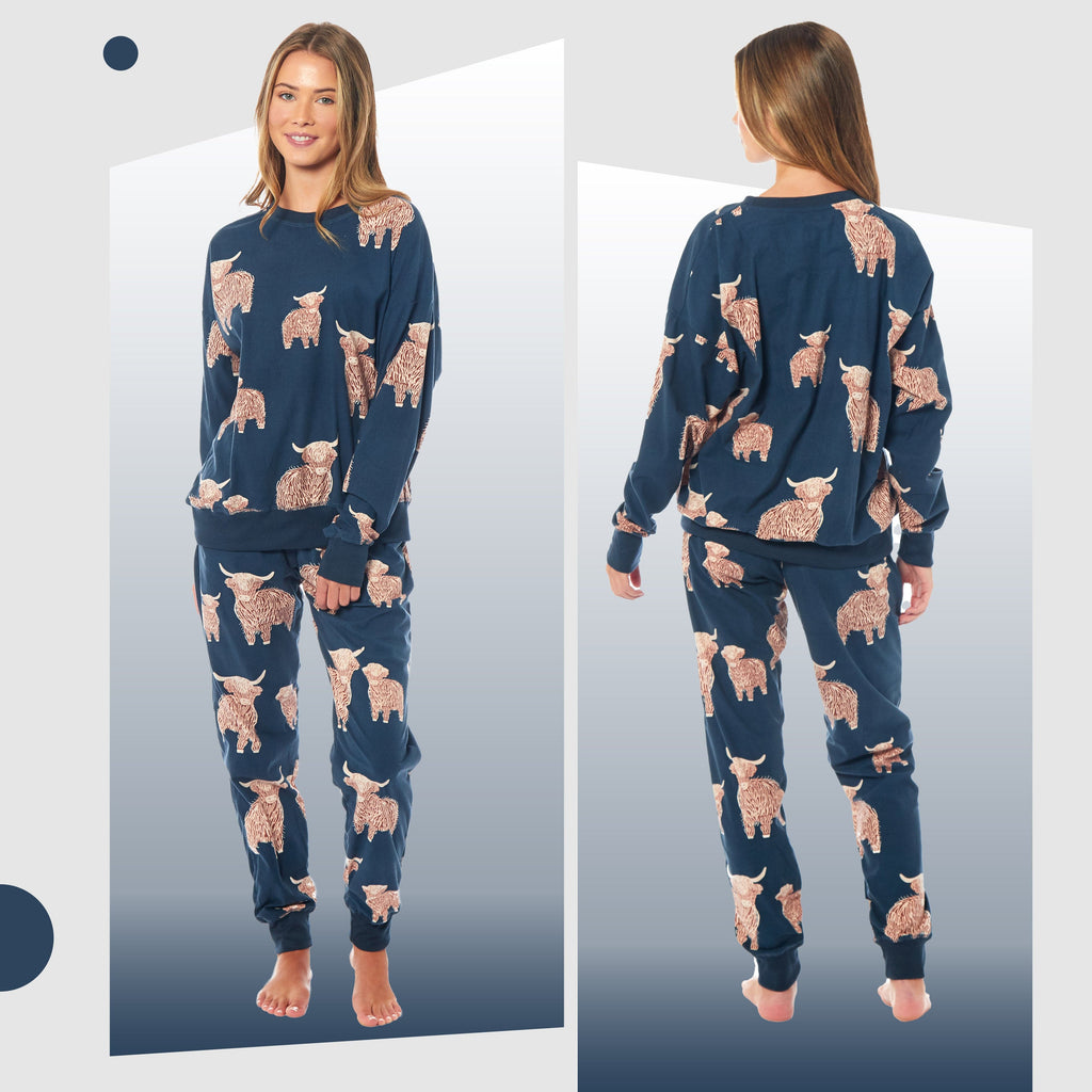 Women's Highland Cow Printed Soft Fleece Pyjama Set Long Sleeve Animal Warm PJs Loungewear Sleepwear for Ladies