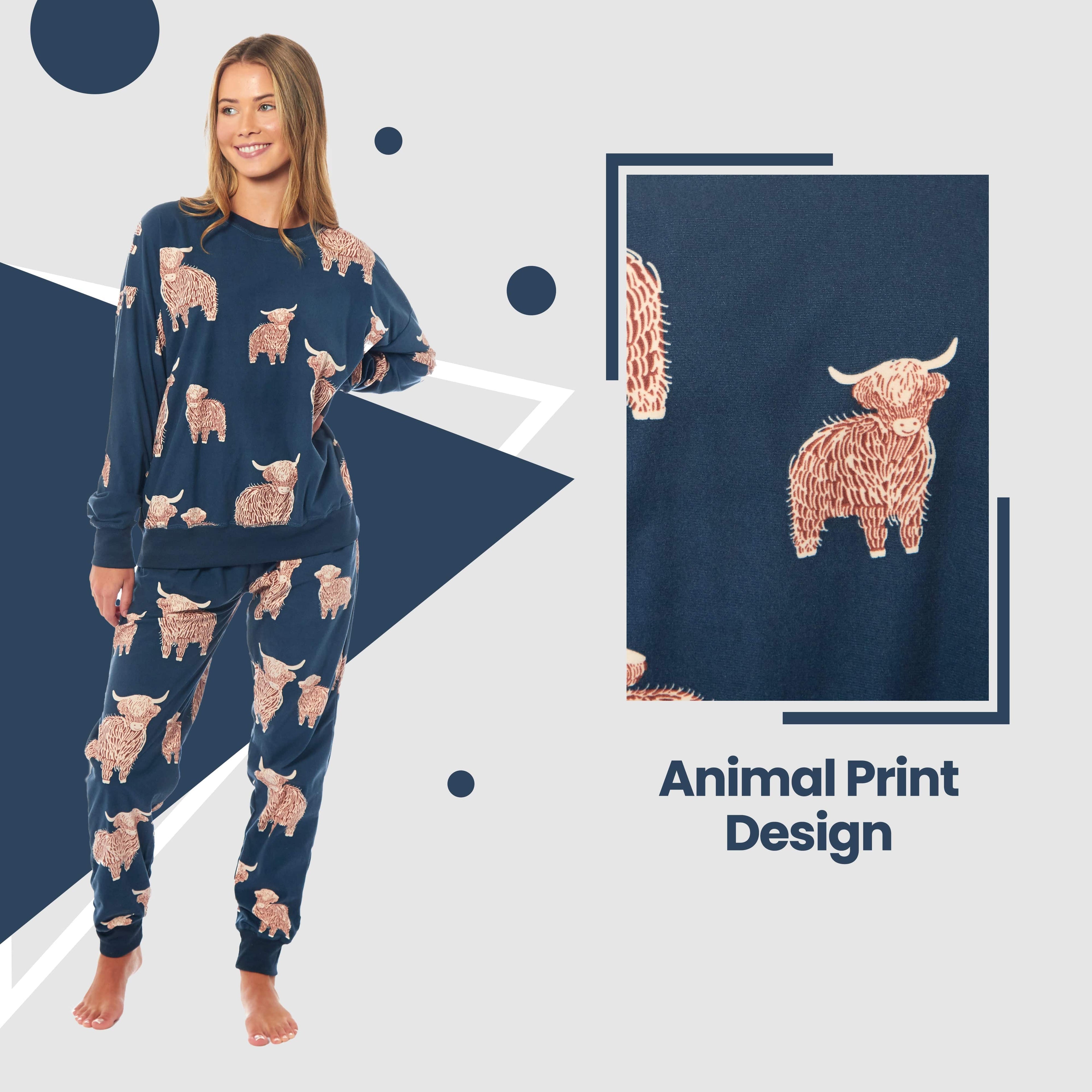 Women's Highland Cow Printed Soft Fleece Pyjama Set Long Sleeve Animal Warm PJs Loungewear Sleepwear for Ladies