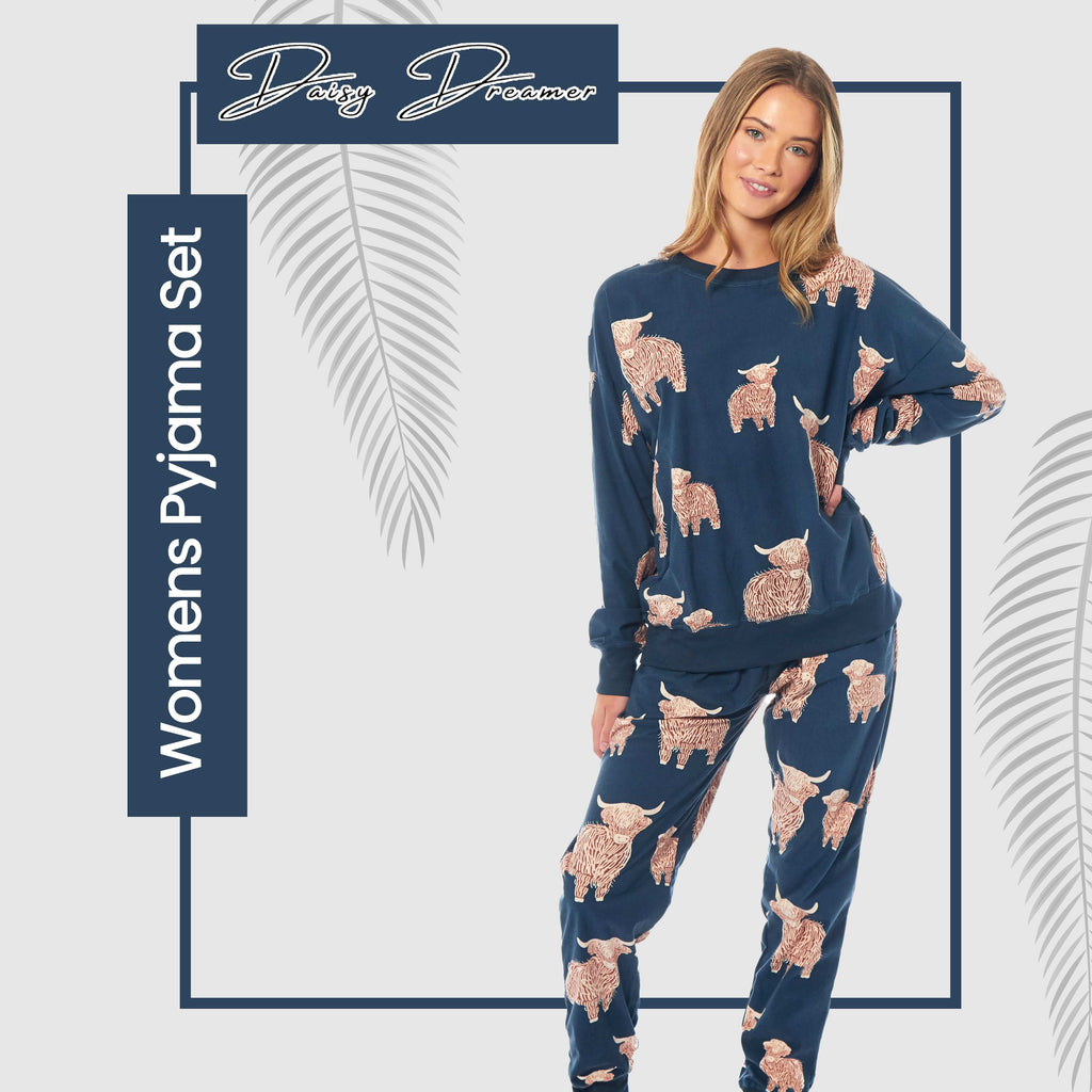 Women's Highland Cow Printed Soft Fleece Pyjama Set Long Sleeve Animal Warm PJs Loungewear Sleepwear for Ladies