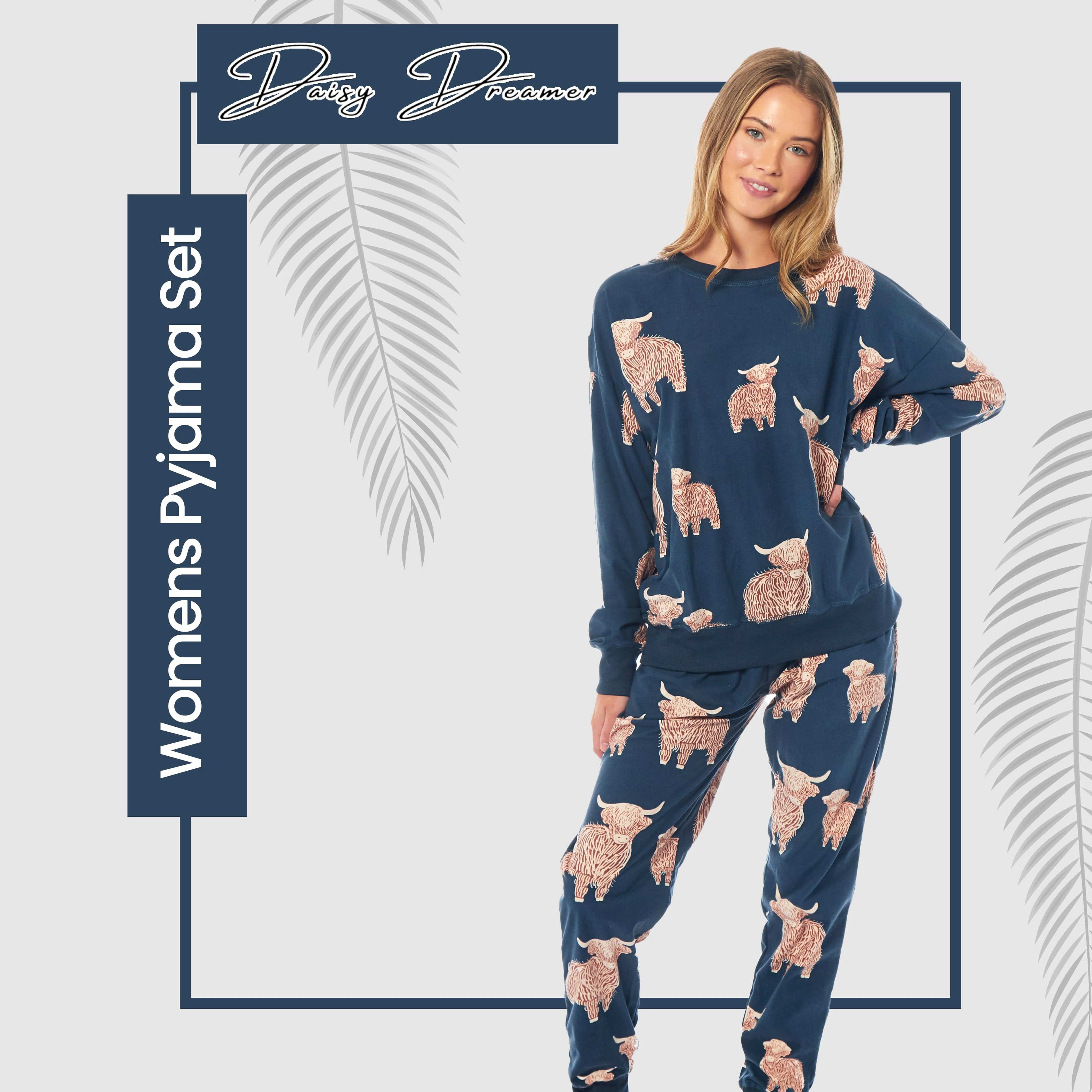 Women's Highland Cow Printed Soft Fleece Pyjama Set Long Sleeve Animal Warm PJs Loungewear Sleepwear for Ladies