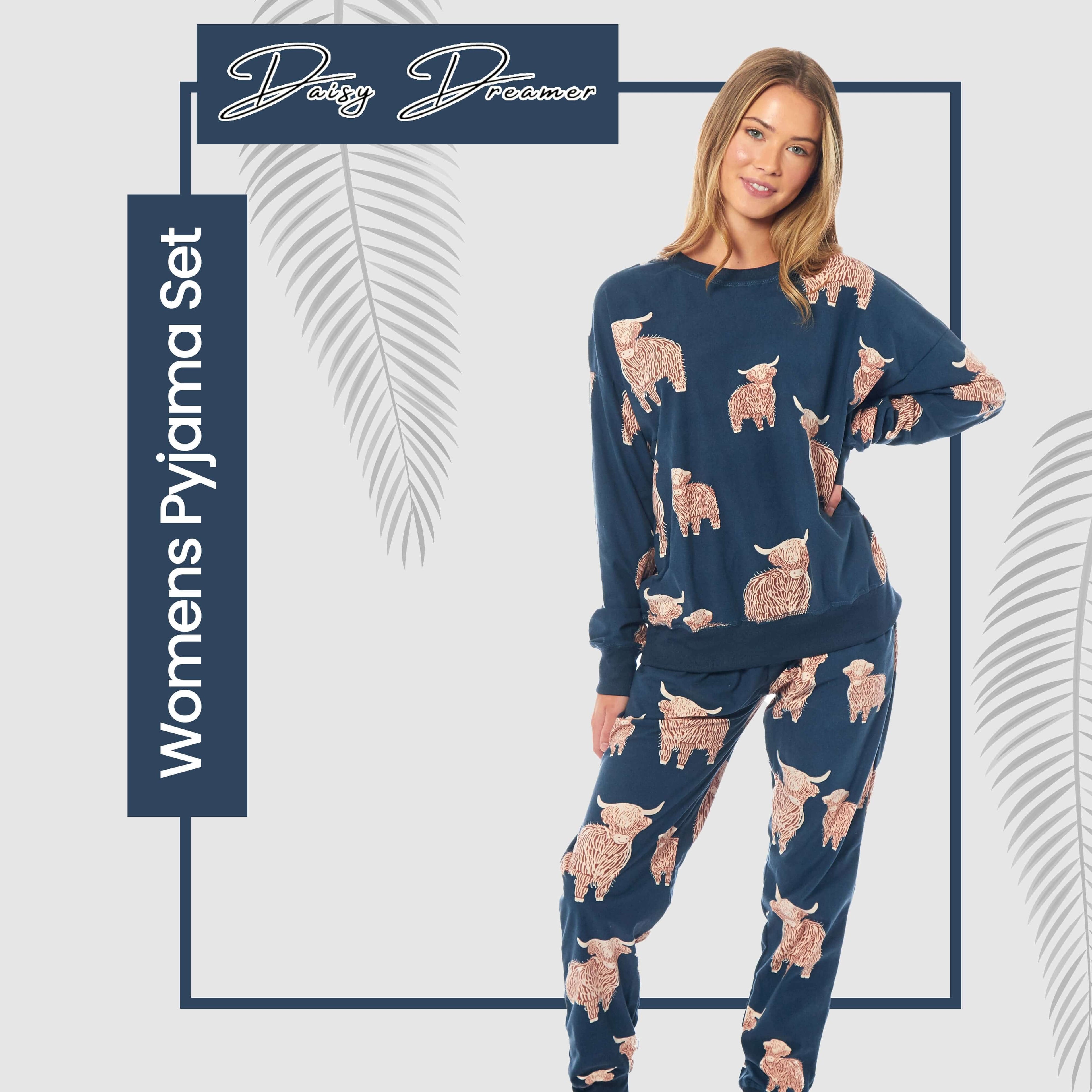 Women's Highland Cow Printed Soft Fleece Pyjama Set Long Sleeve Animal Warm PJs Loungewear Sleepwear for Ladies