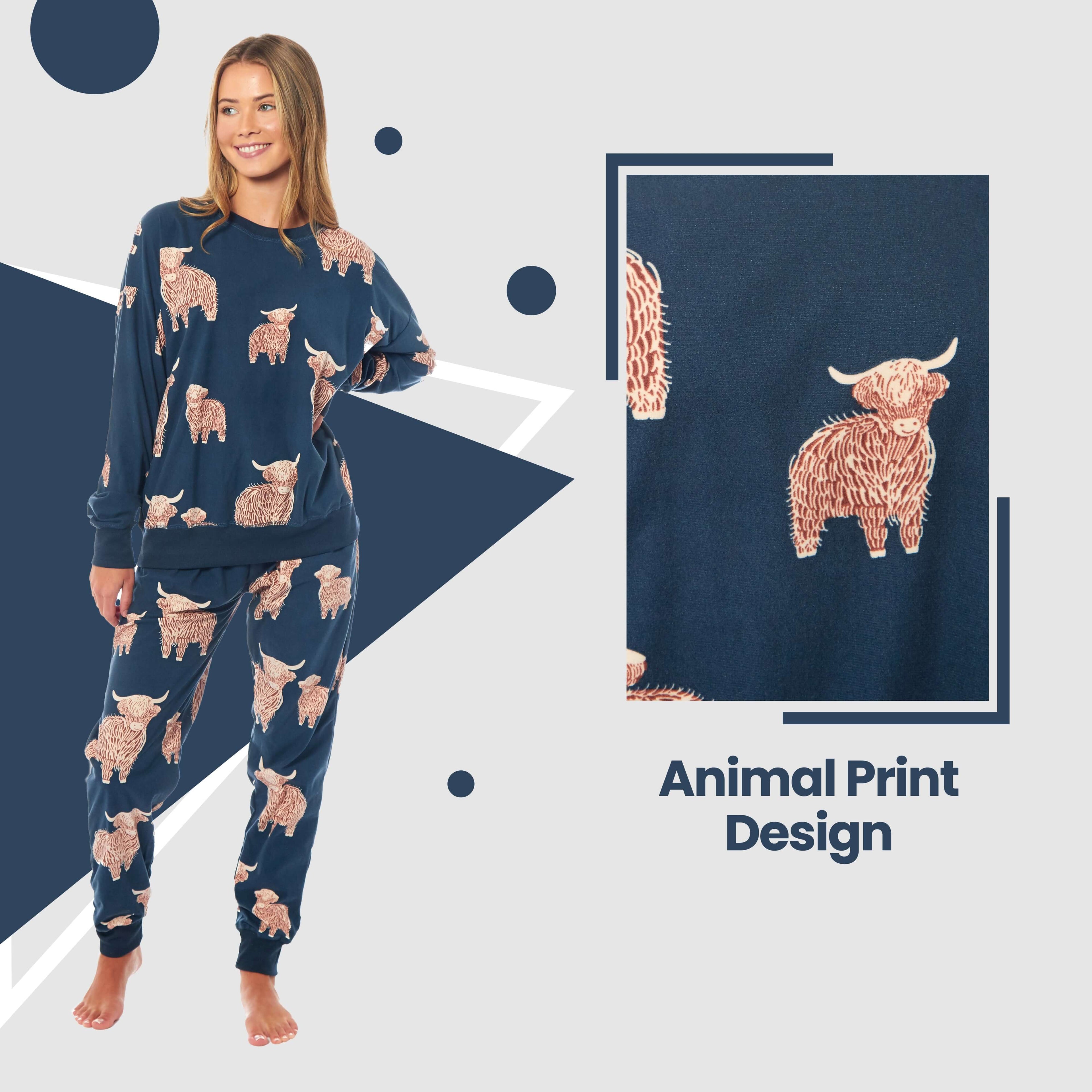 Women's Highland Cow Printed Soft Fleece Pyjama Set Long Sleeve Animal Warm PJs Loungewear Sleepwear for Ladies