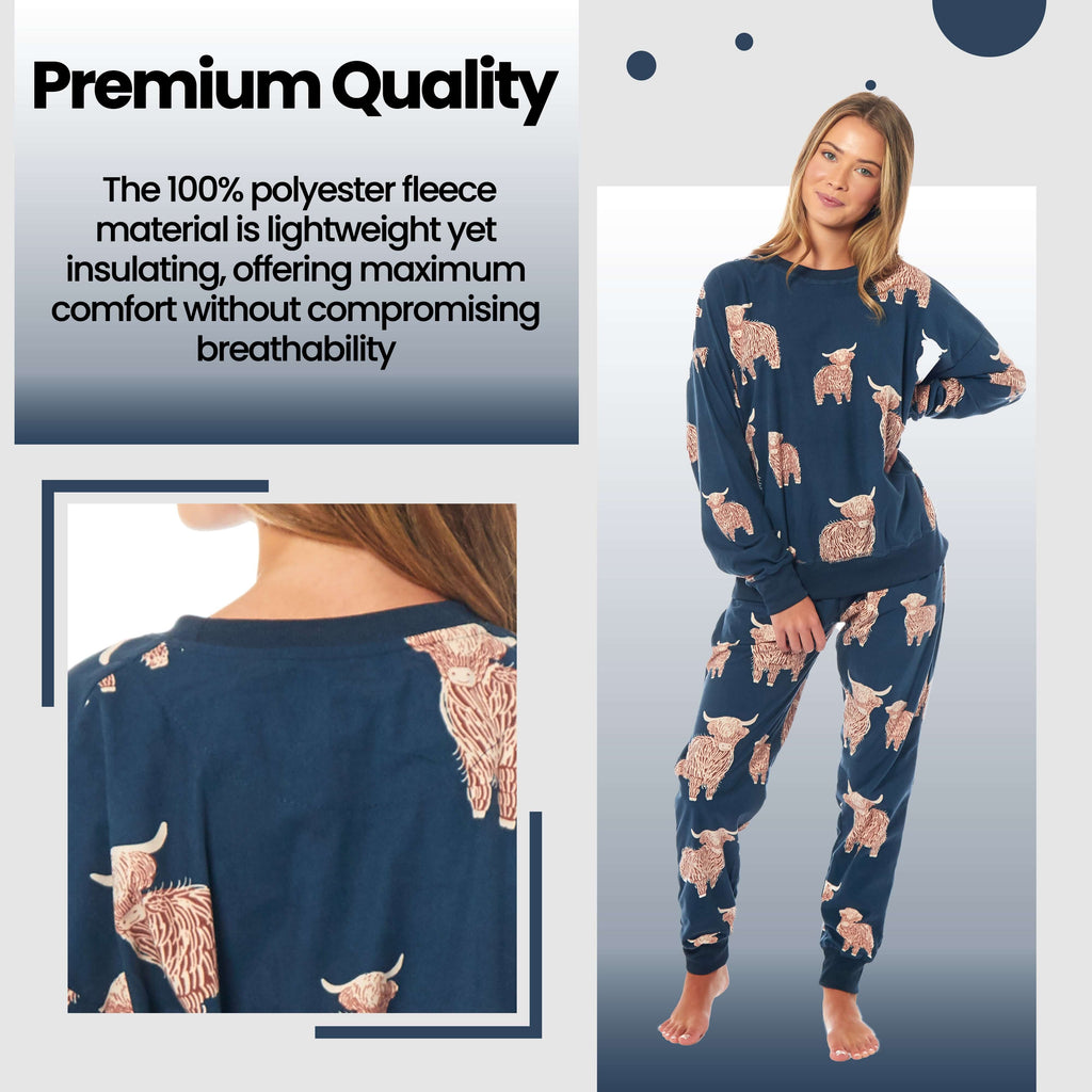 Women's Highland Cow Printed Soft Fleece Pyjama Set Long Sleeve Animal Warm PJs Loungewear Sleepwear for Ladies