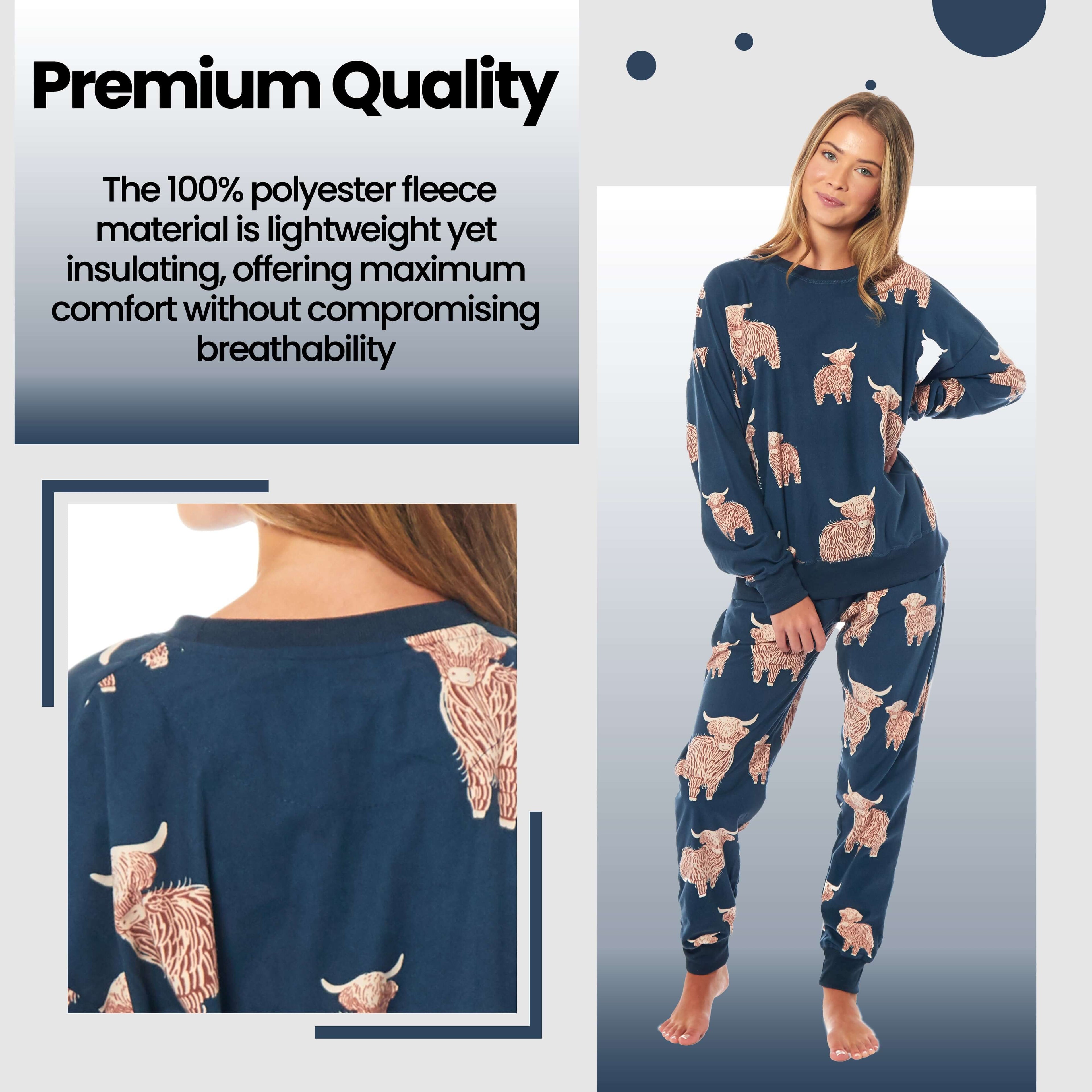 Women's Highland Cow Printed Soft Fleece Pyjama Set Long Sleeve Animal Warm PJs Loungewear Sleepwear for Ladies