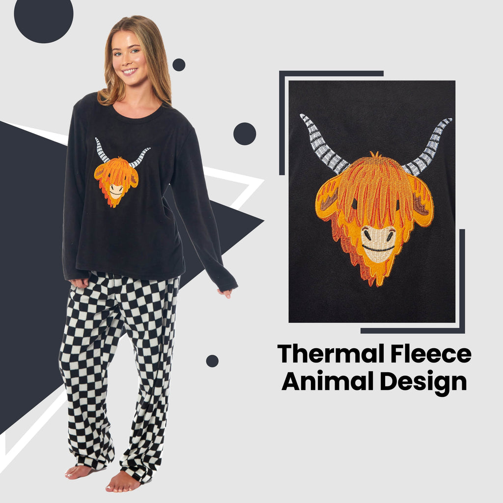 Women's Highland Cow Thermal Fleece Pyjamas Set Soft Warm Winter PJs Animal Print Loungewear Sleepwear Long Sleeve Top and Bottom