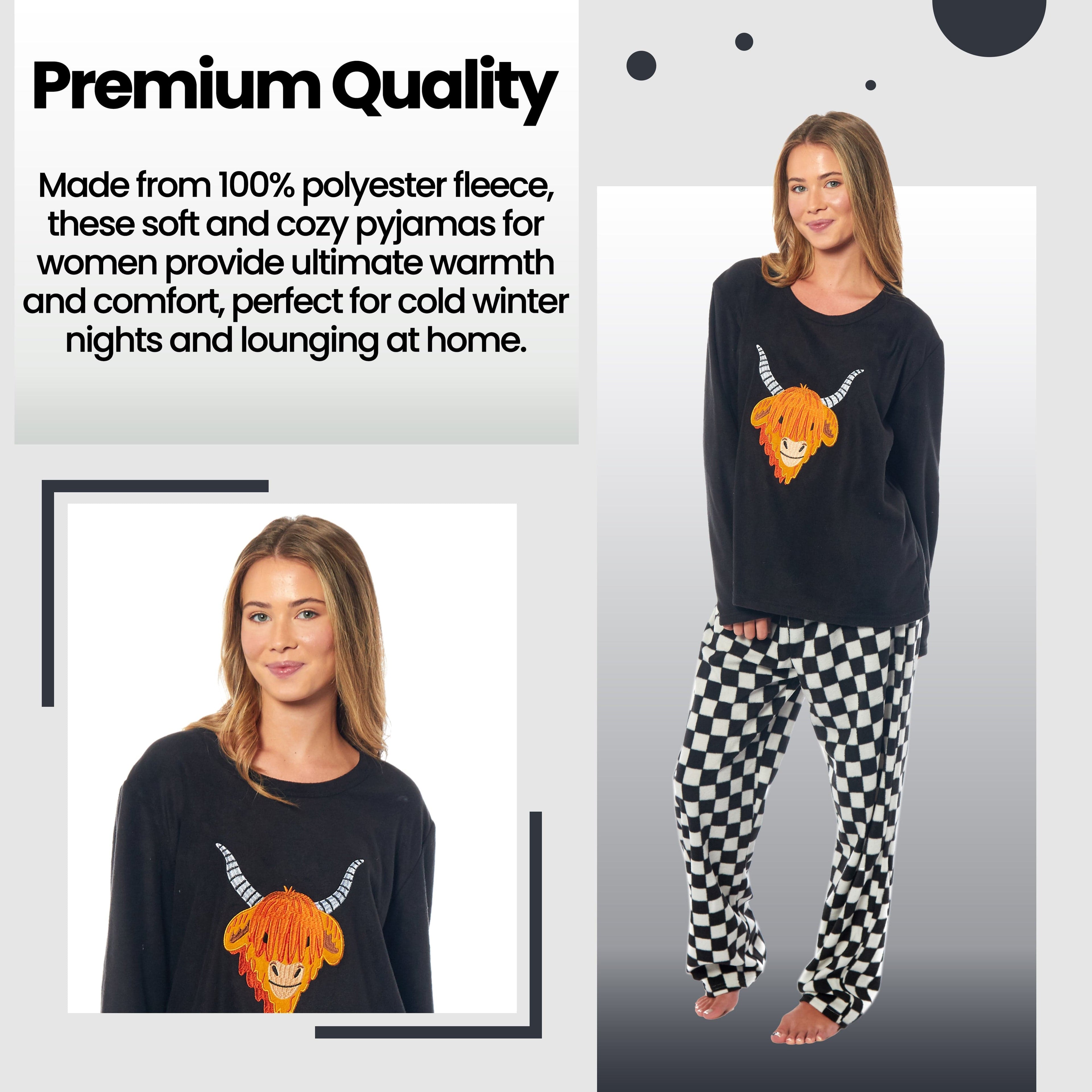 Women's Highland Cow Thermal Fleece Pyjamas Set Soft Warm Winter PJs Animal Print Loungewear Sleepwear Long Sleeve Top and Bottom