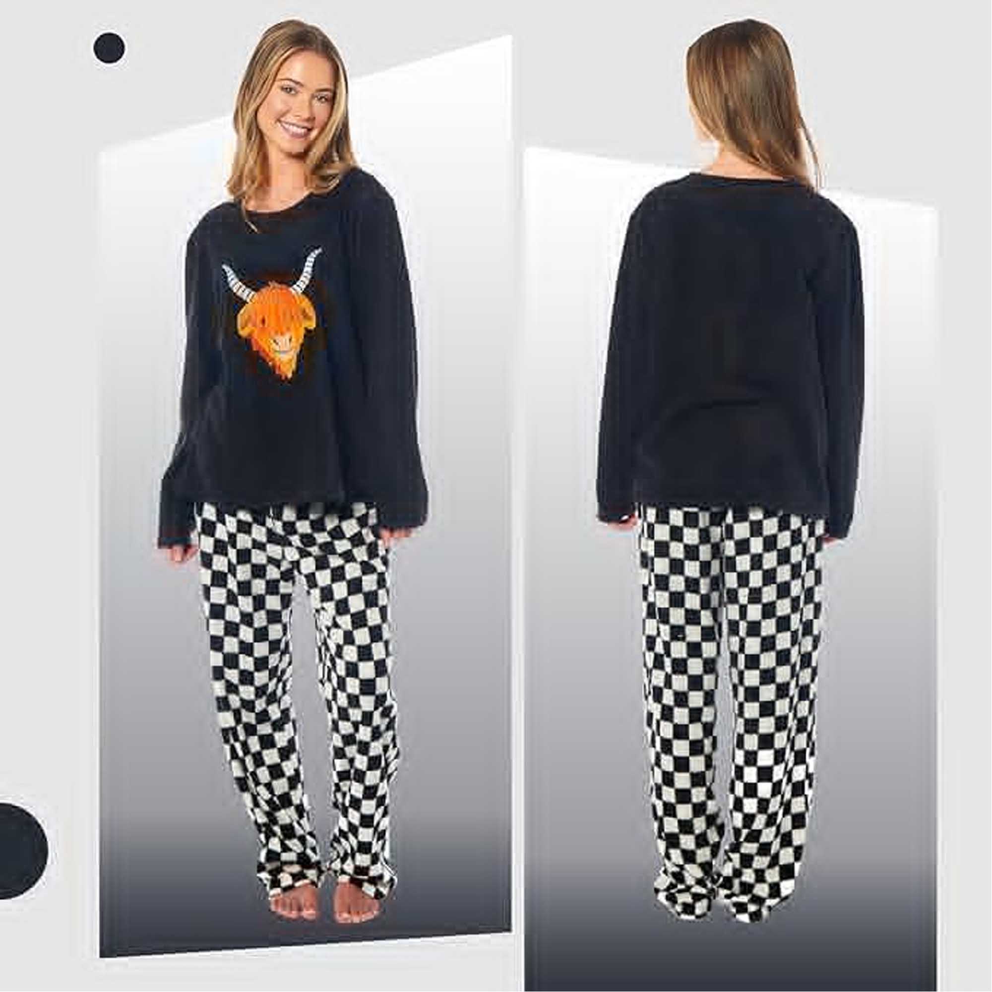 Women's Highland Cow Thermal Fleece Pyjamas Set Soft Warm Winter PJs Animal Print Loungewear Sleepwear Long Sleeve Top and Bottom