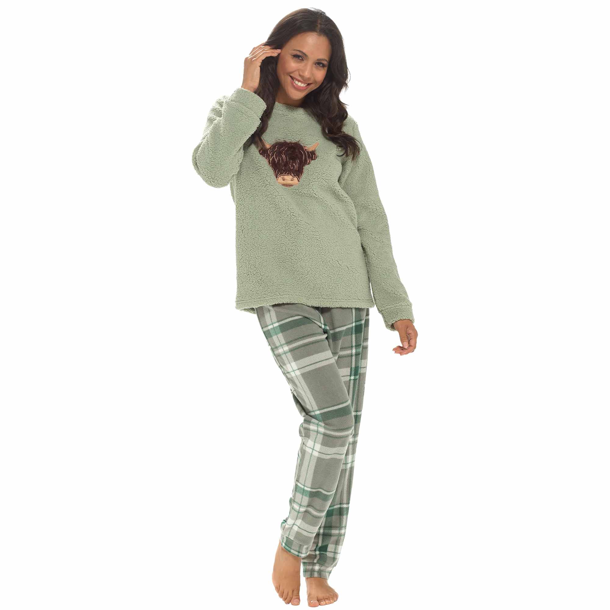 Women's Highland Cow Warm Soft Fleece Pyjama Set Cozy Loungewear PJs
