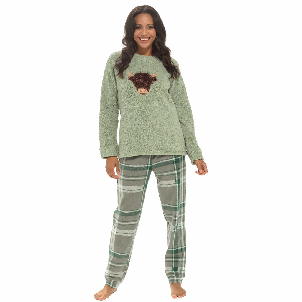 Women's Highland Cow Warm Soft Fleece Pyjama Set Cozy Loungewear PJs