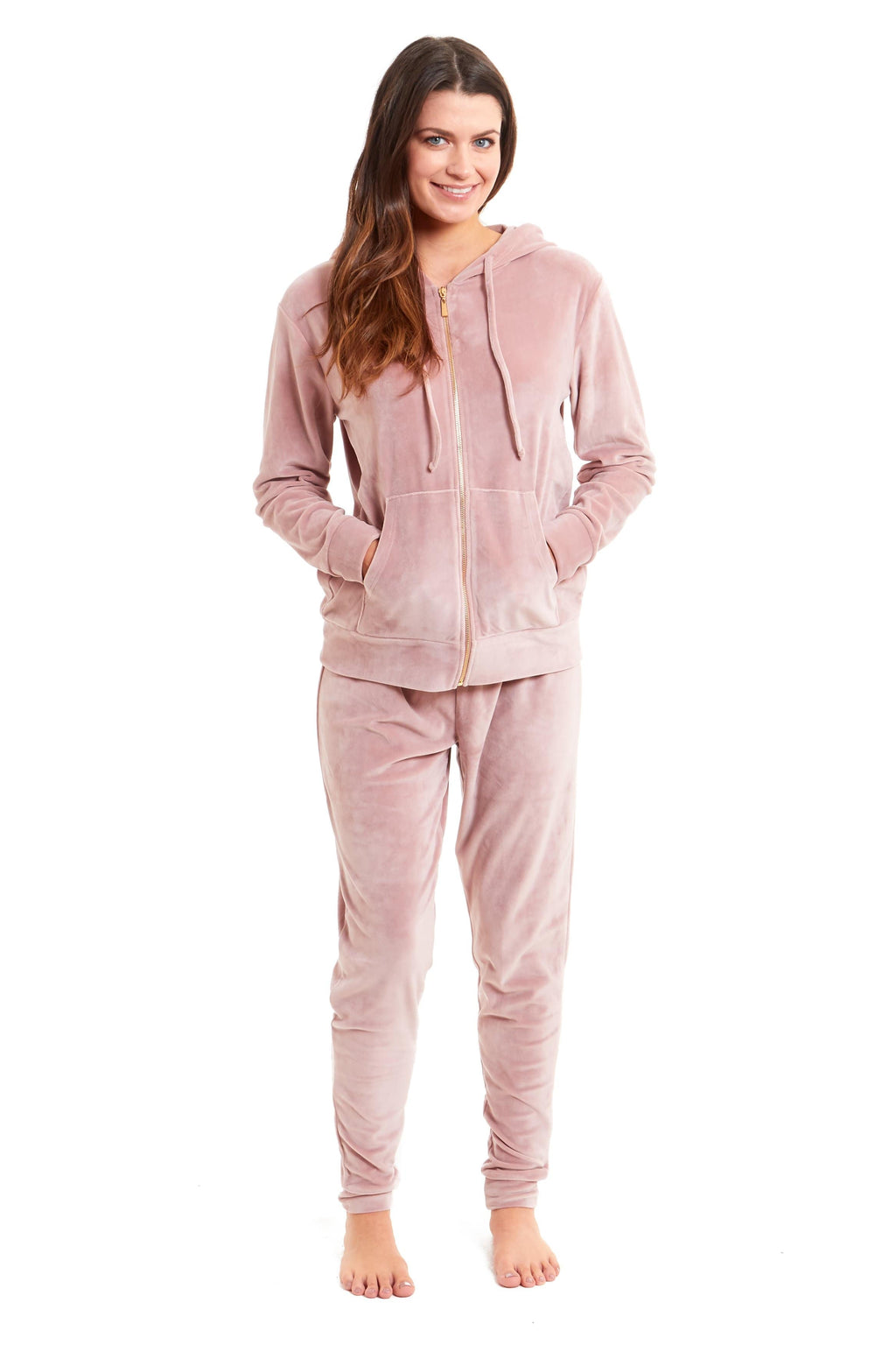 Women's Hooded Velour Lounge Set with Zipped Top and Elasticated Waistband Comfortable Stretchable Nightwear UK Sizes 8-22